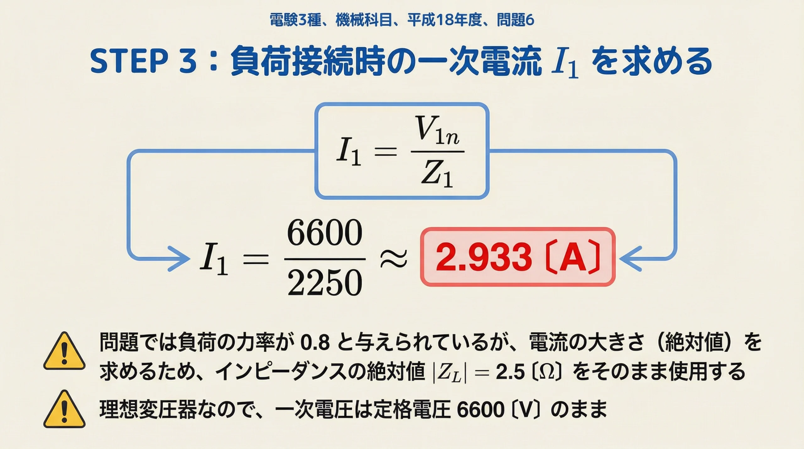 電験3種 機械科目 平成18年度 問題6 STEP3 一次電流の計算スライド