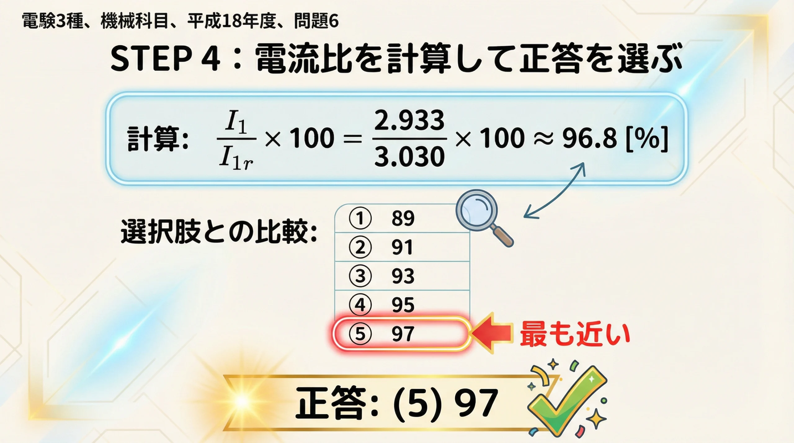 電験3種 機械科目 平成18年度 問題6 STEP4 電流比の計算と正答スライド