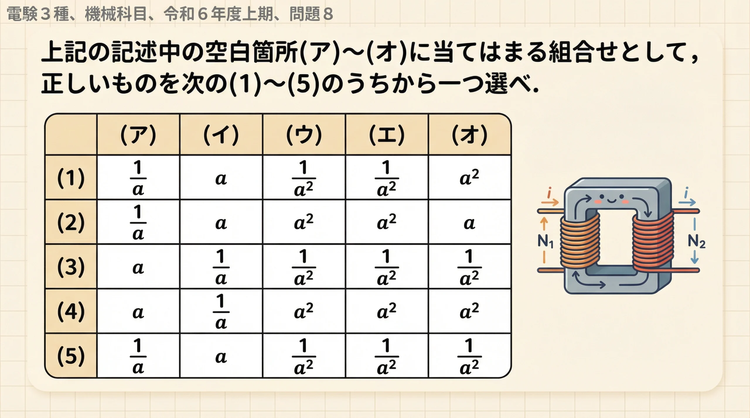 電験3種 機械科目 令和6年度上期 問題8 選択肢一覧（ア〜オの組合せ表）