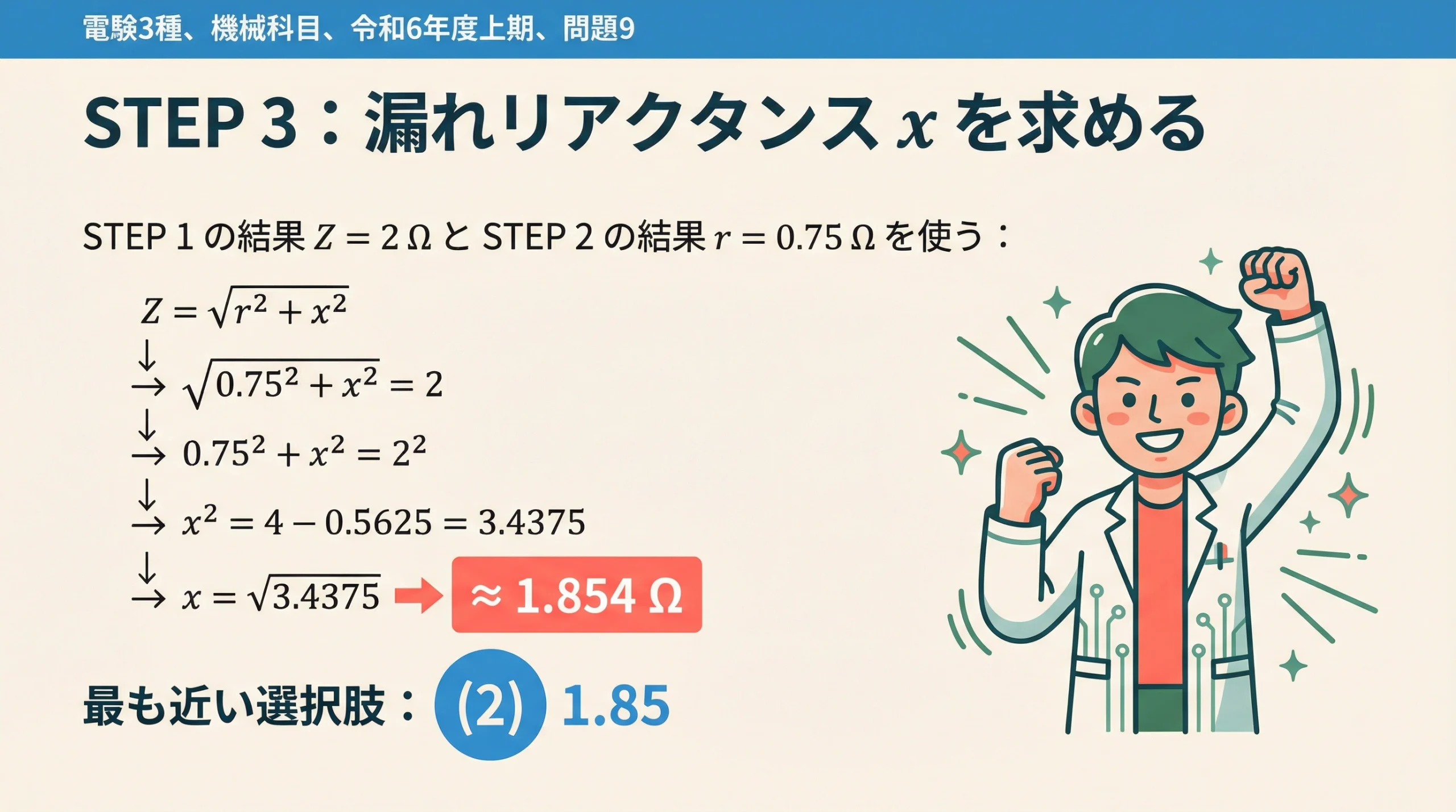 STEP3 Z=2ΩとR=0.75Ωから漏れリアクタンスx≒1.85Ωを計算する手順