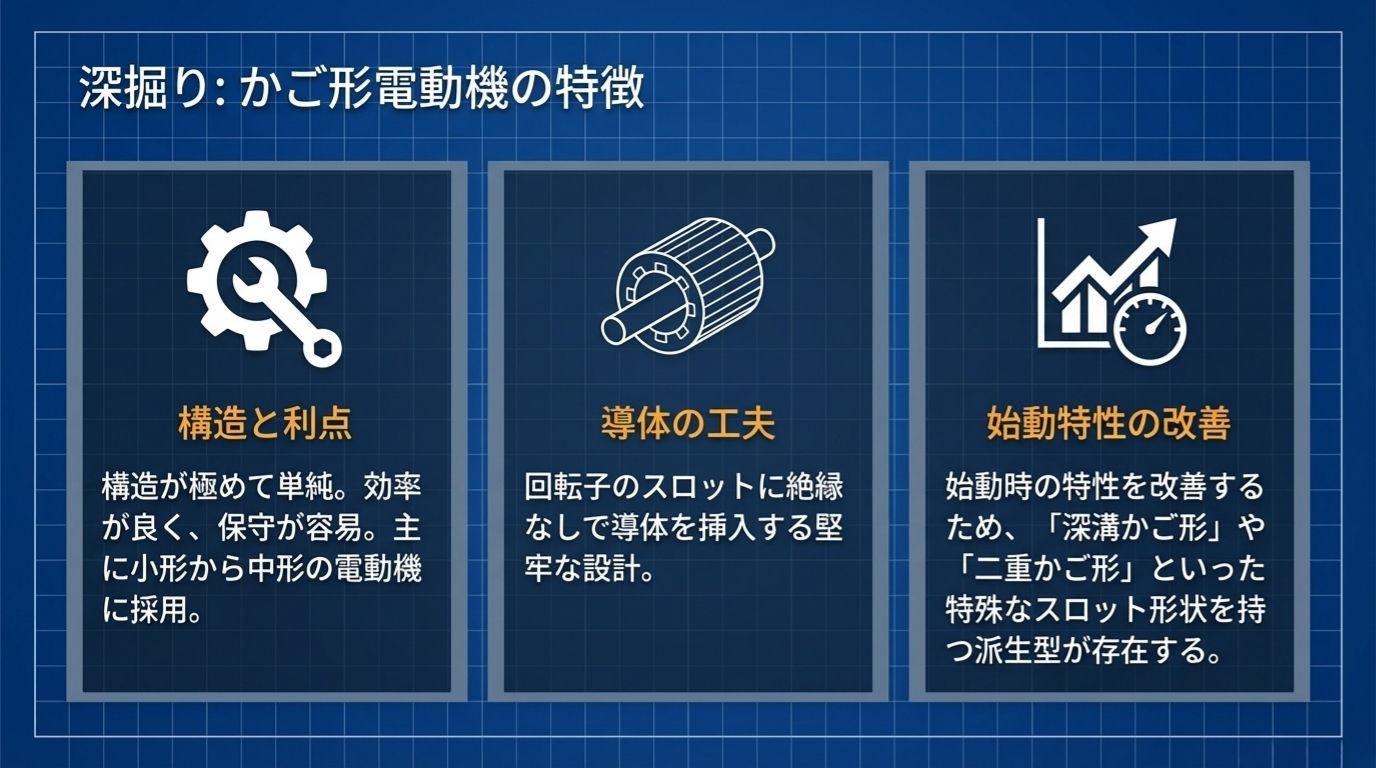かご形電動機の3つの特徴 - 構造と利点・導体の工夫・始動特性の改善