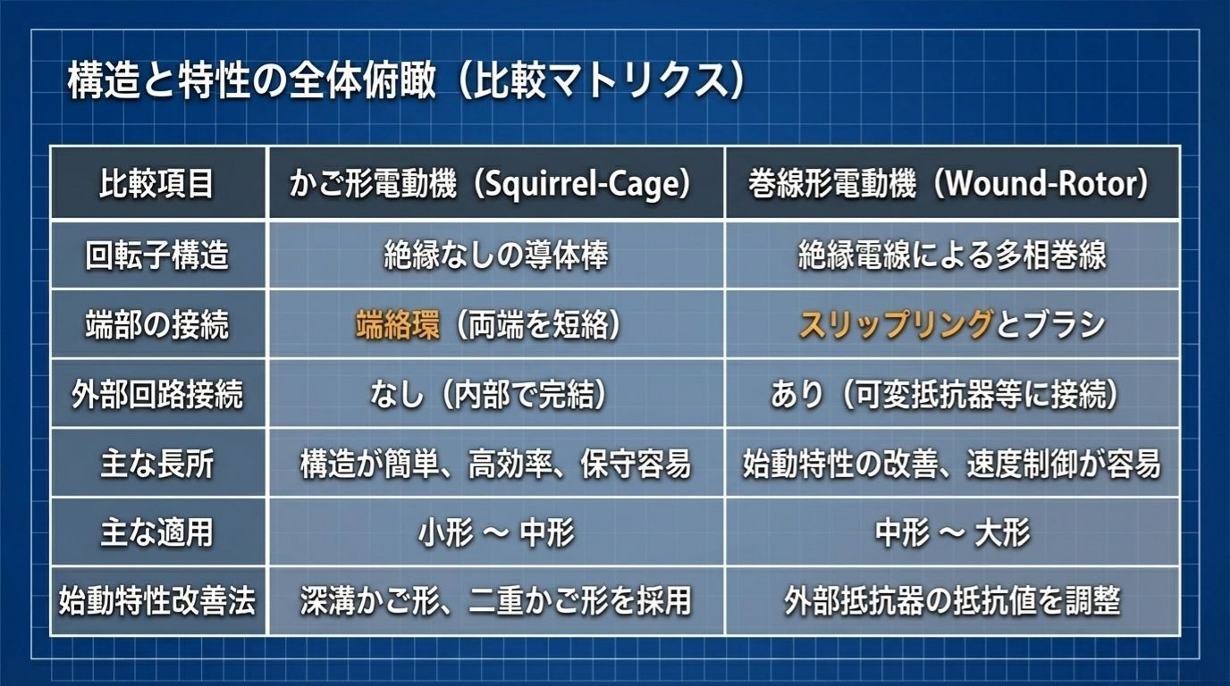 かご形電動機と巻線形電動機の比較表（回転子構造・端部接続・外部回路・長所・適用・始動特性改善法）