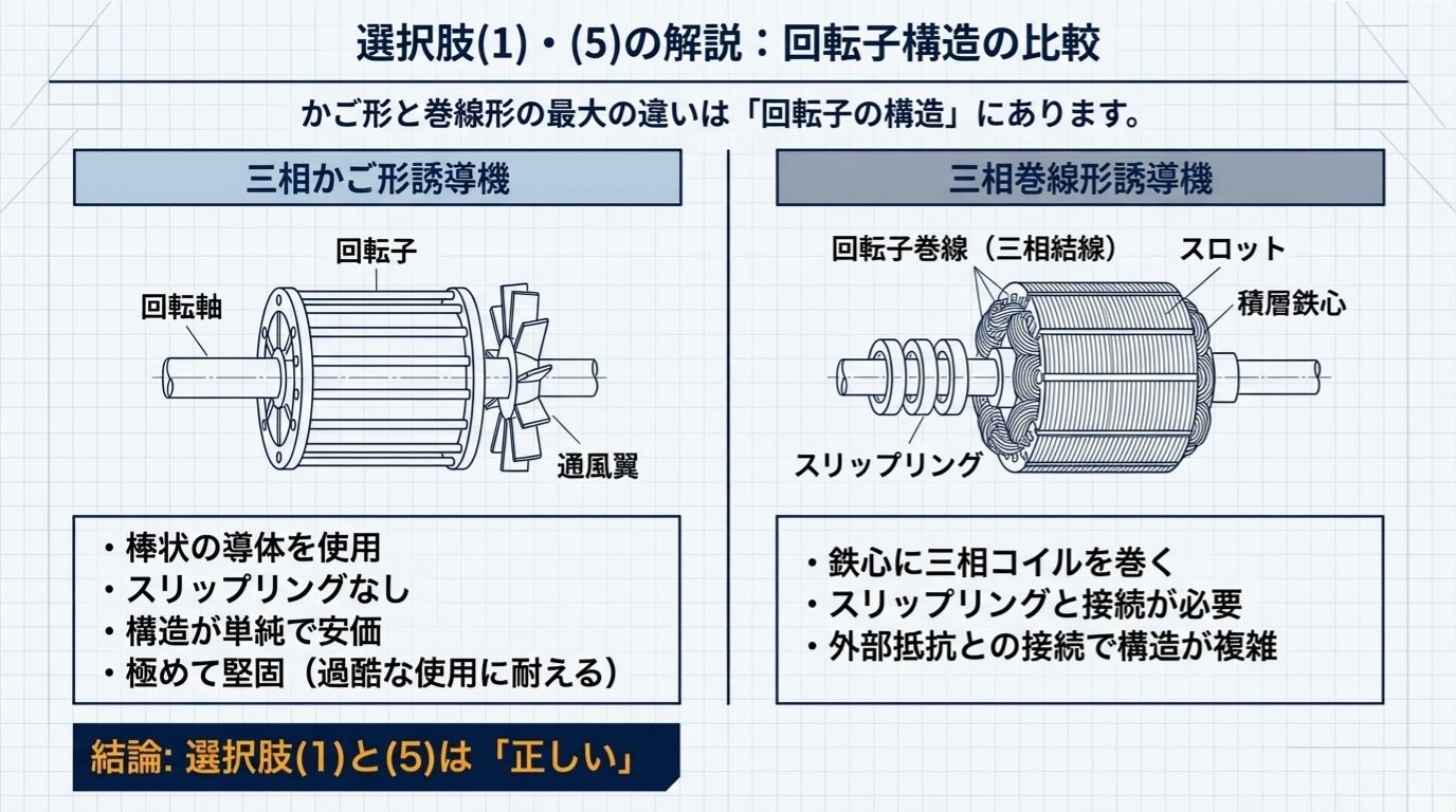 三相かご形誘導機と三相巻線形誘導機の回転子構造を比較した図解スライド