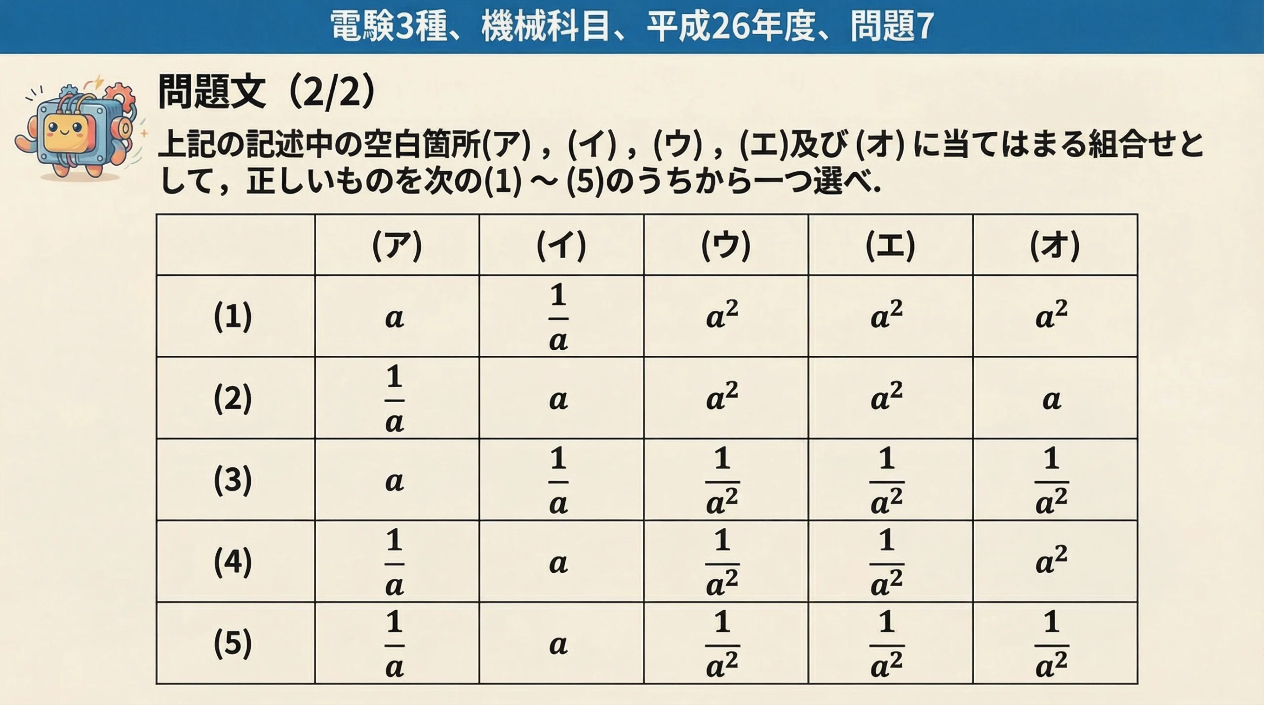 電験3種 機械科目 平成26年度 問題7 問題文後半・選択肢(1)〜(5)