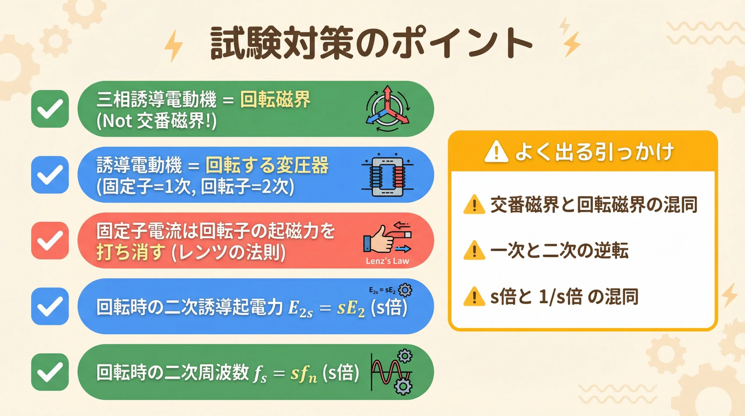 試験対策のポイントをまとめたスライド。覚えるべき5つのポイントとよくある引っかけ問題の注意喚起