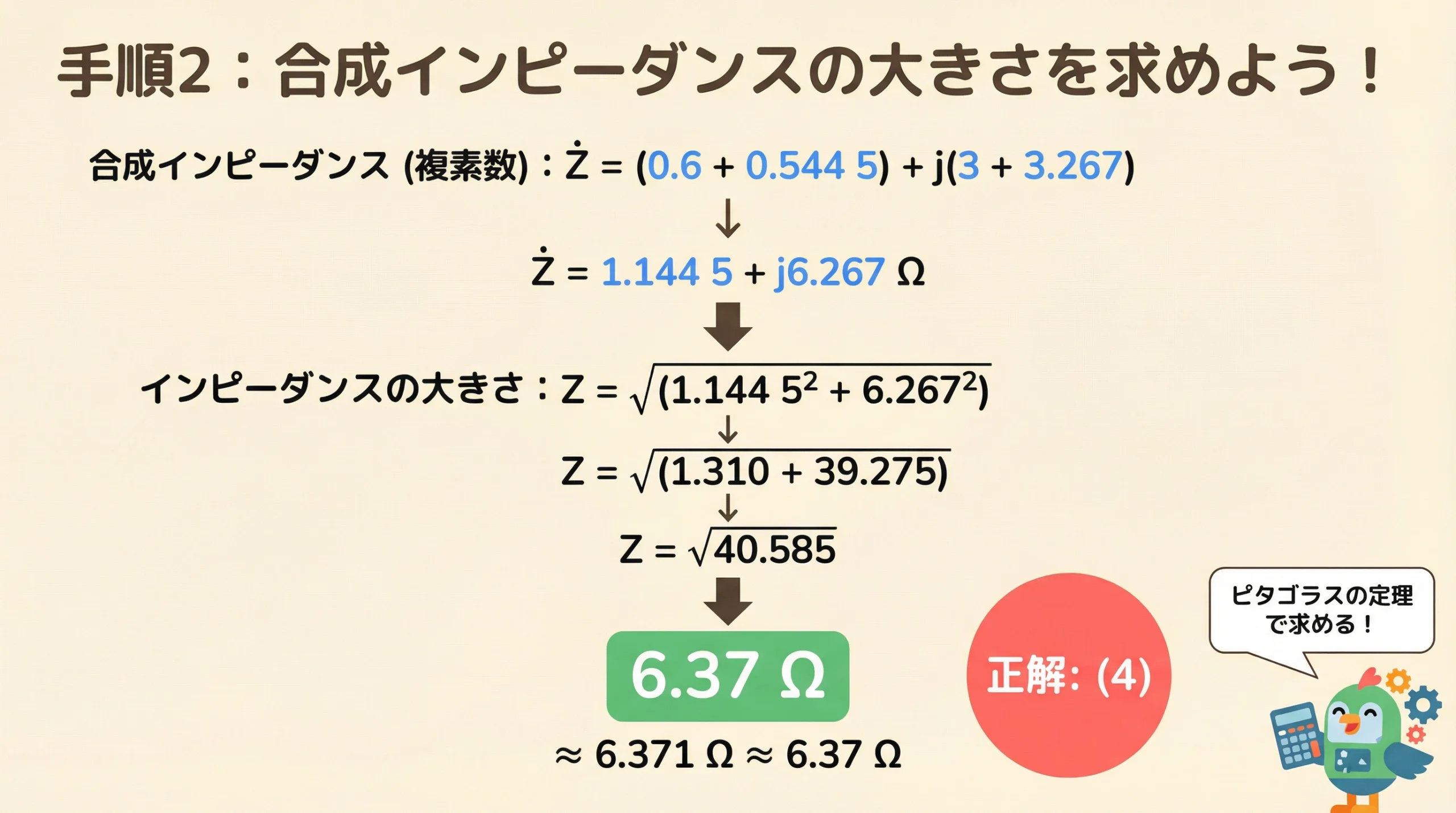 合成インピーダンスの複素数計算とピタゴラスの定理による大きさの計算