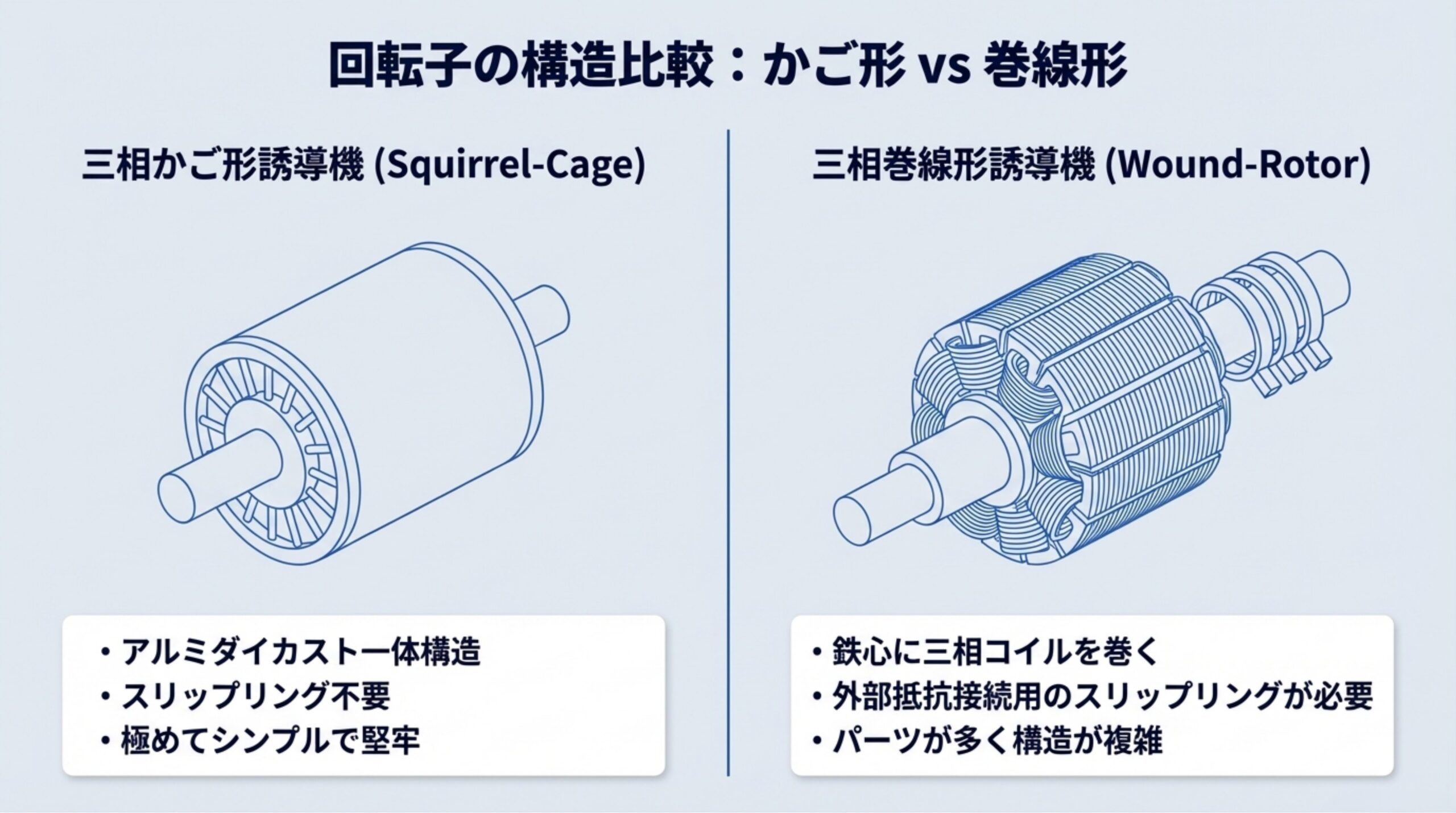 回転子の構造比較 - かご形誘導機と巻線形誘導機