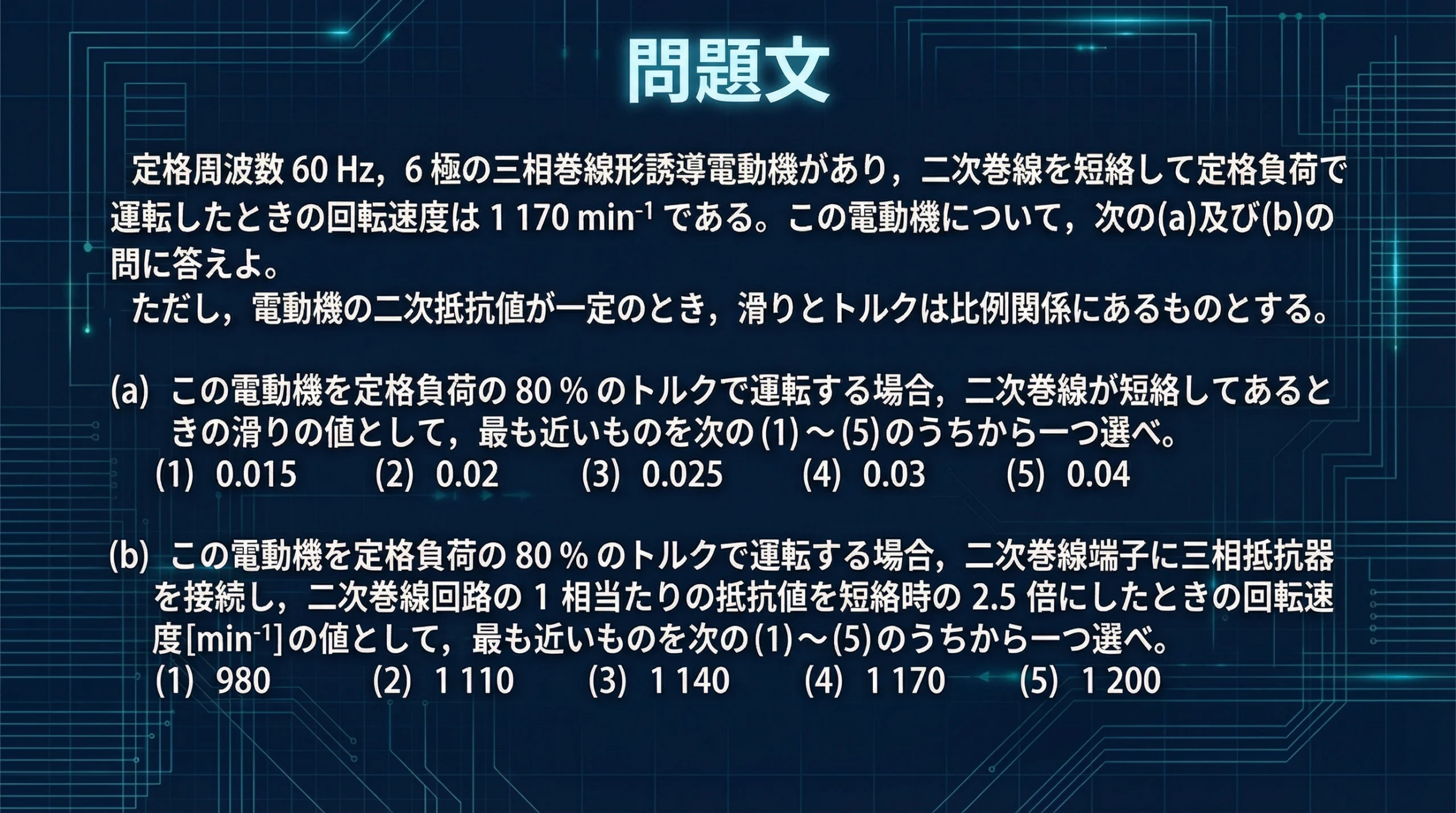 電験3種 機械科目 令和6年度上期 問15の問題文と選択肢が表示されたスライド。定格周波数60Hz、6極の三相巻線形誘導電動機について、(a)滑りの値と(b)回転速度を求める2問構成。