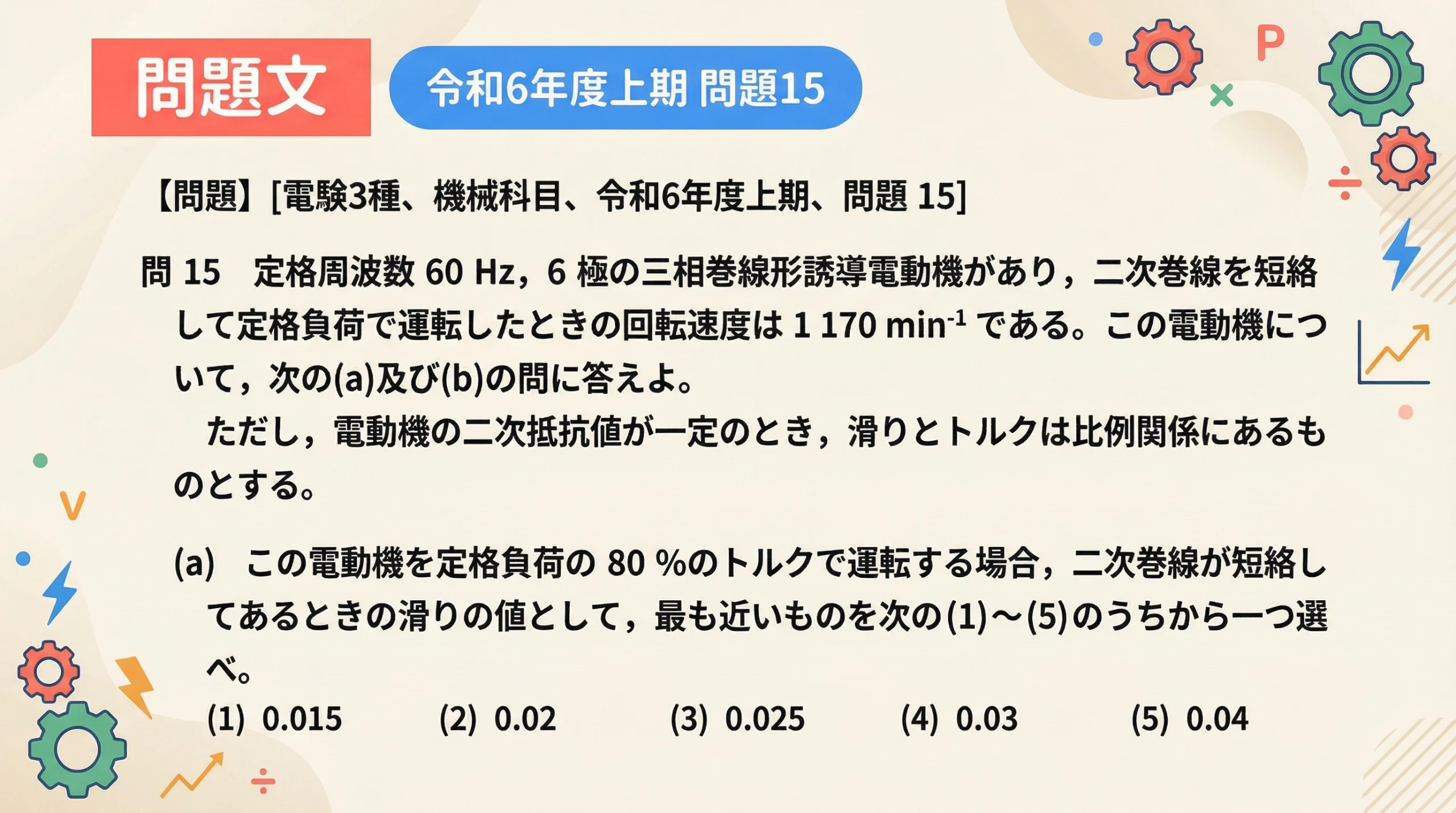 電験3種 機械 令和6年度上期 問15 問題文の画像。三相巻線形誘導電動機の比例推移に関する計算問題。