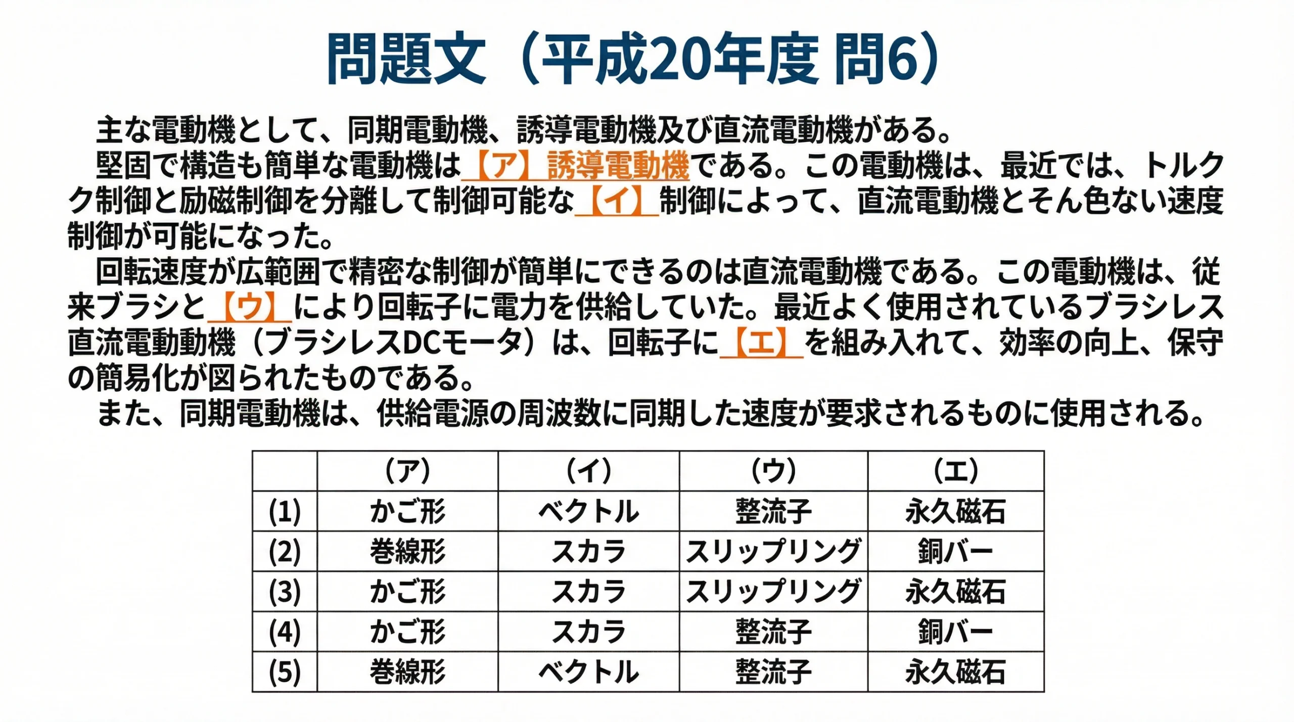 平成20年度 電験3種 機械科目 問6の問題文と選択肢が記載されたスライド。問題文の空欄（ア）から（エ）がオレンジ色で強調されている。