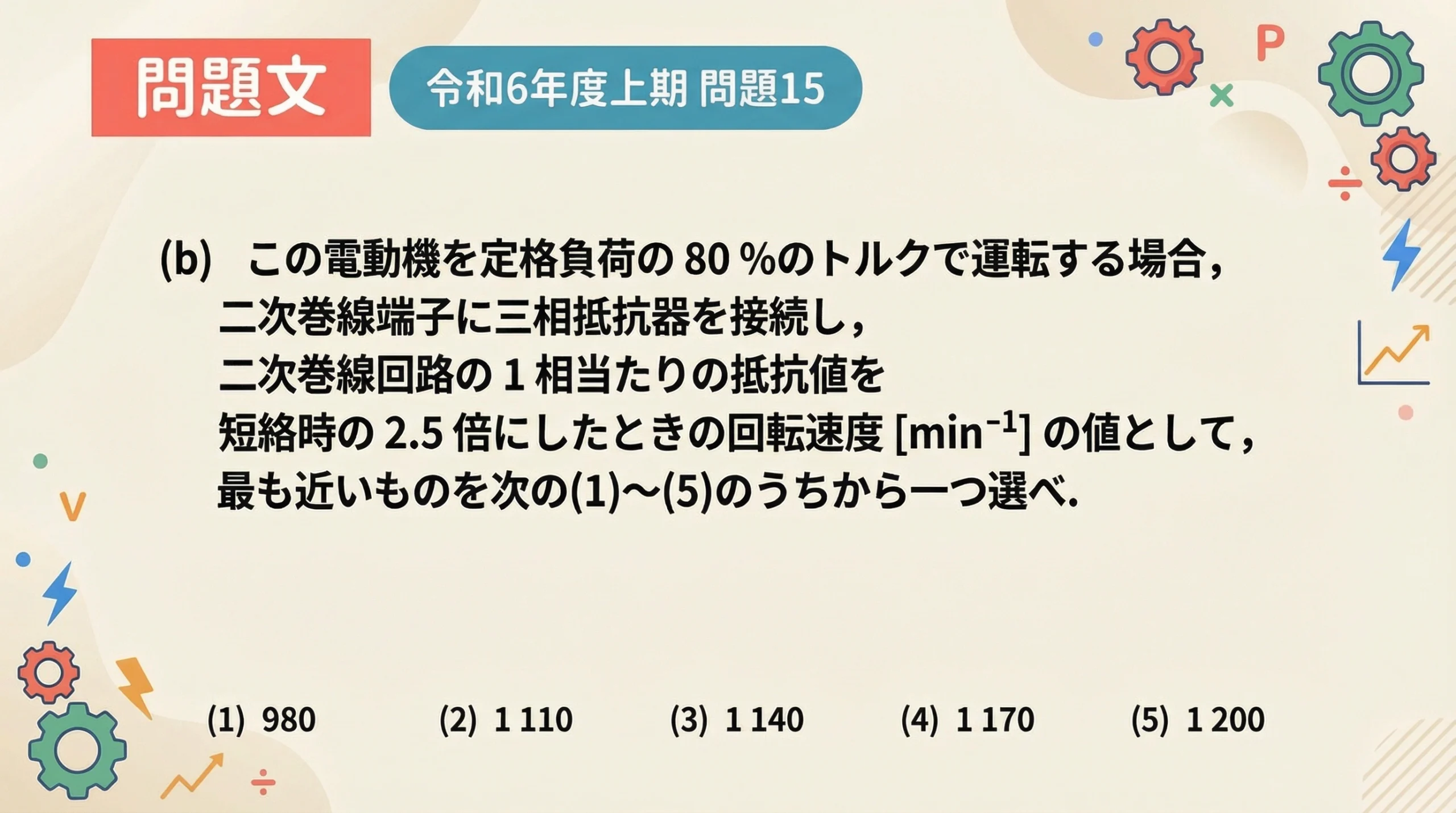 電験3種 機械科目 令和6年度上期 問15 設問(b) 問題文 - 二次巻線端子に三相抵抗器を接続し、二次巻線回路の1相当たりの抵抗値を短絡時の2.5倍にしたときの回転速度を求める問題