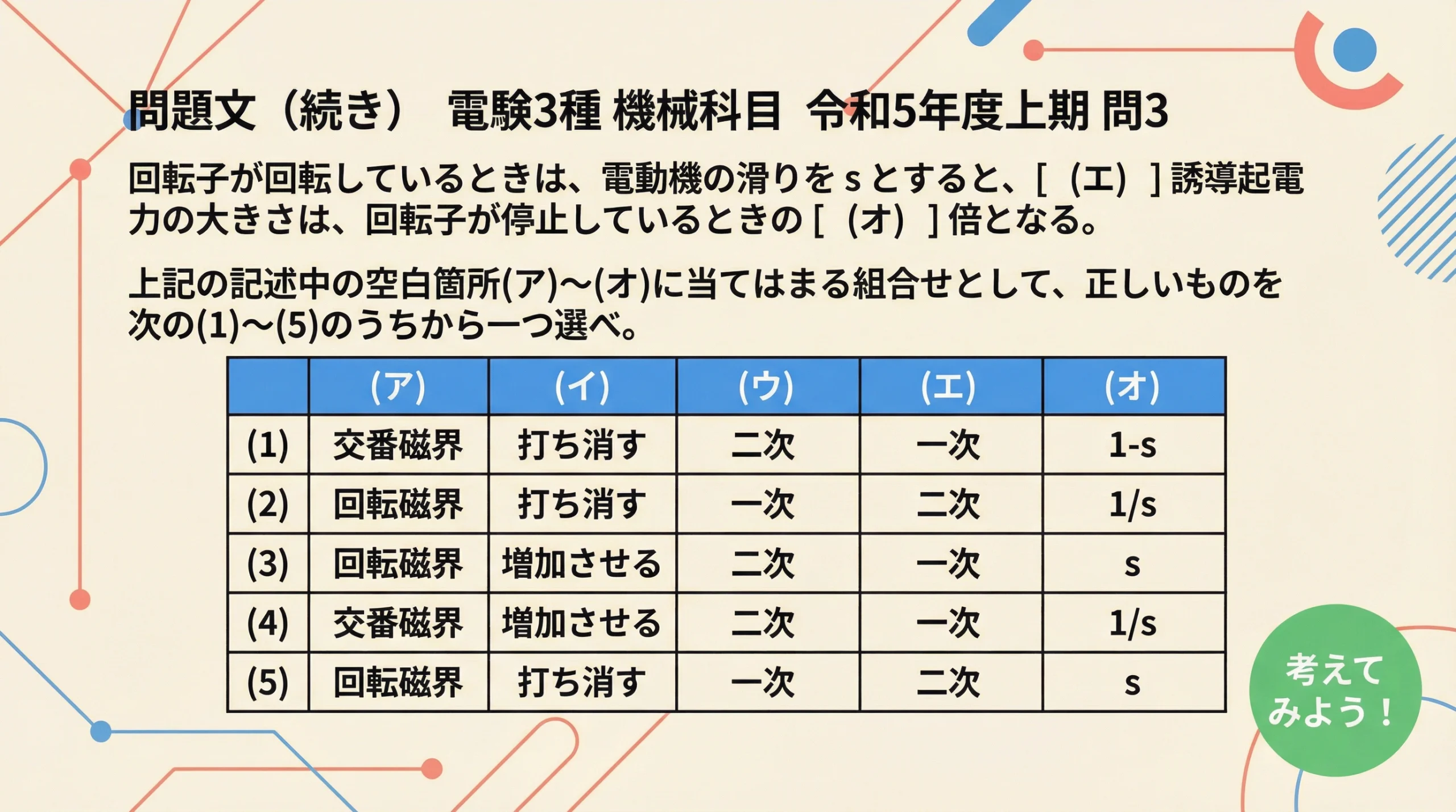 電験3種 機械 令和5年度上期 問3 問題文その2と選択肢
