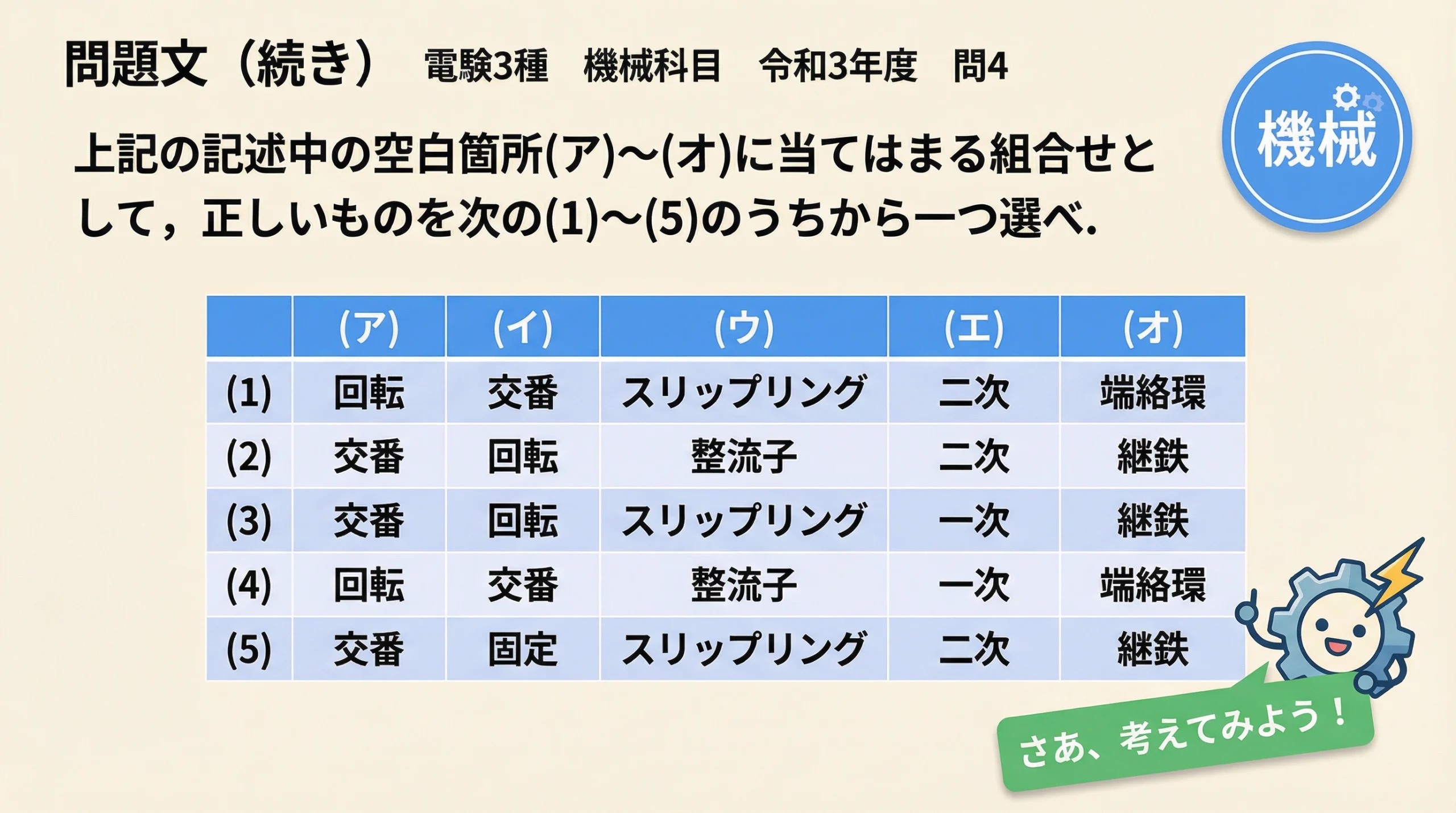 電験3種 令和3年度 機械 問4 選択肢一覧 ア〜オの組み合わせ表