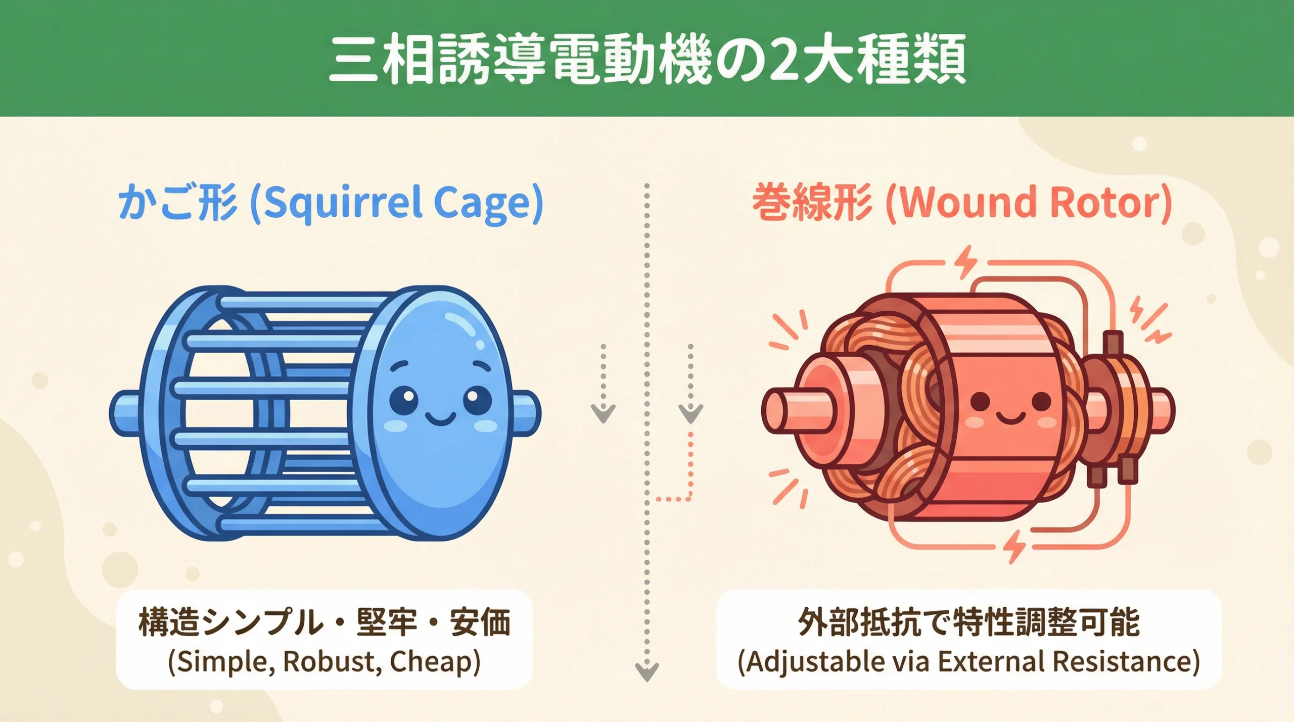 かご形と巻線形誘導電動機の構造比較