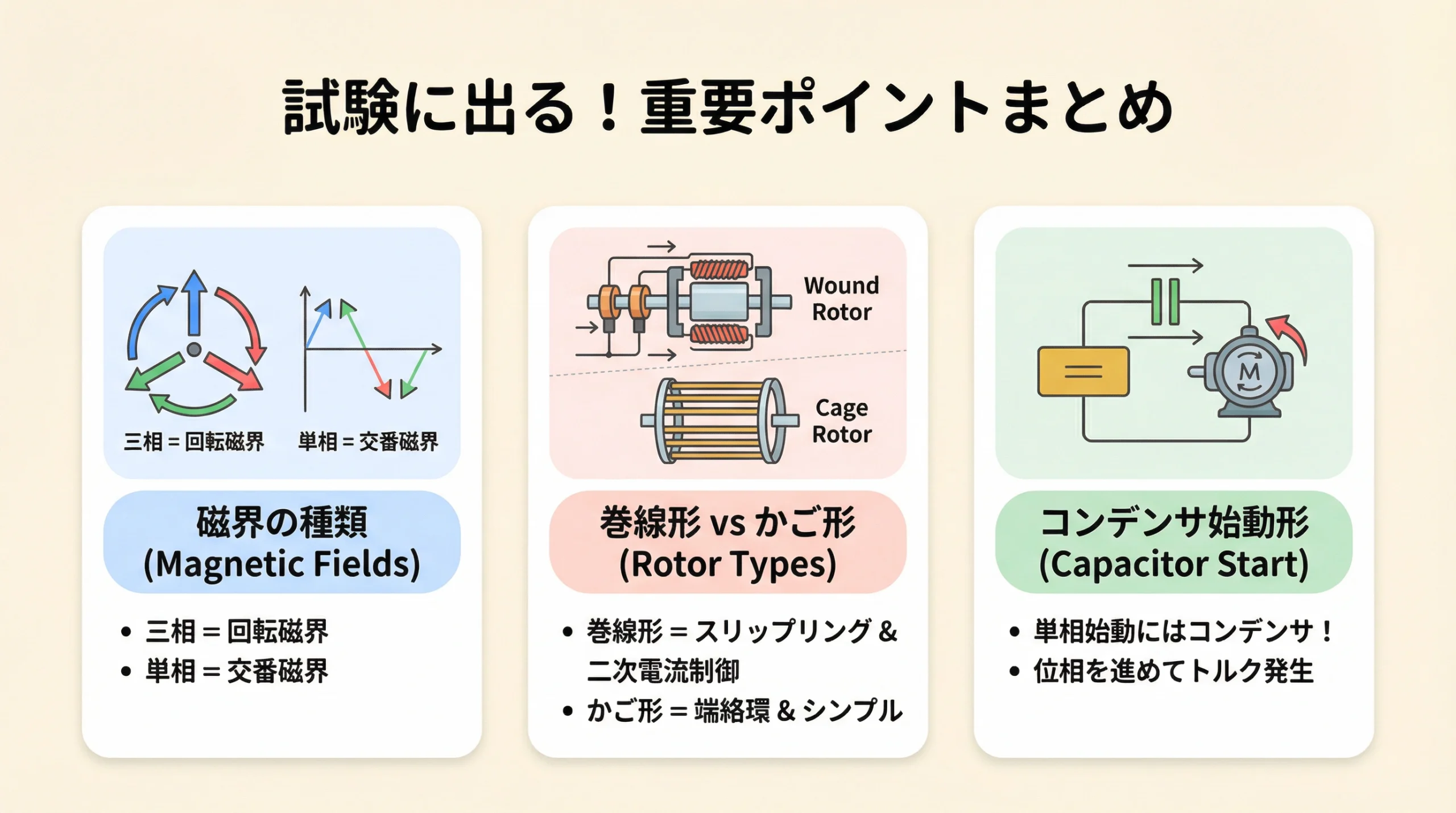 電験3種 機械 誘導電動機 試験対策 重要ポイント3つ 磁界の種類 回転子の違い コンデンサ始動形