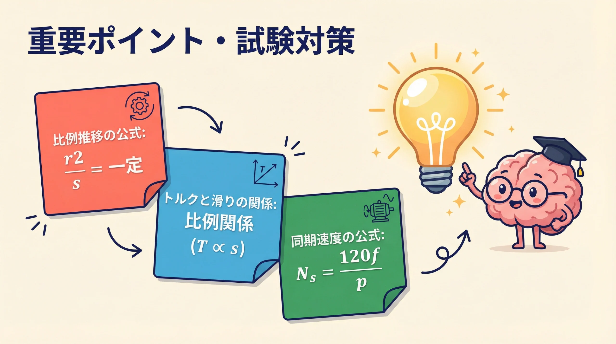 この問題の重要ポイントを3つの付箋でまとめたスライド。比例推移の公式、トルクと滑りの比例関係、同期速度の公式が示されている。