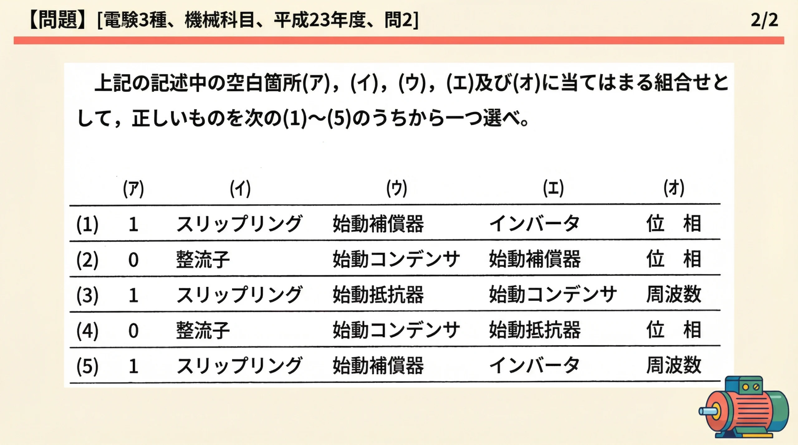 電験3種 機械科目 平成23年度 問2 問題文後半と選択肢のスライド