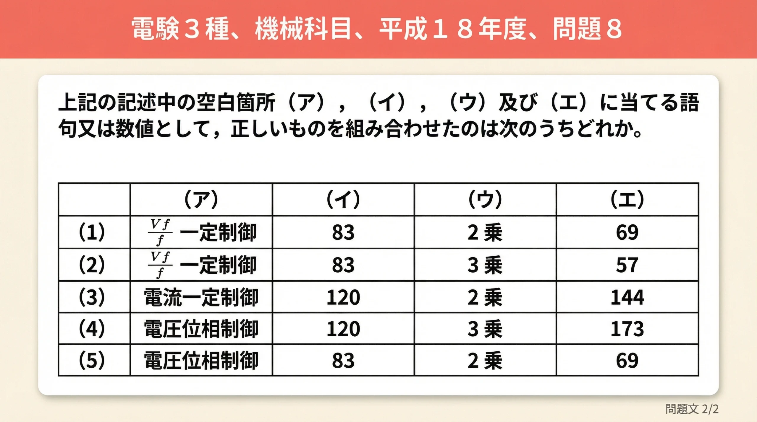 電験3種 機械科目 平成18年度 問8 選択肢