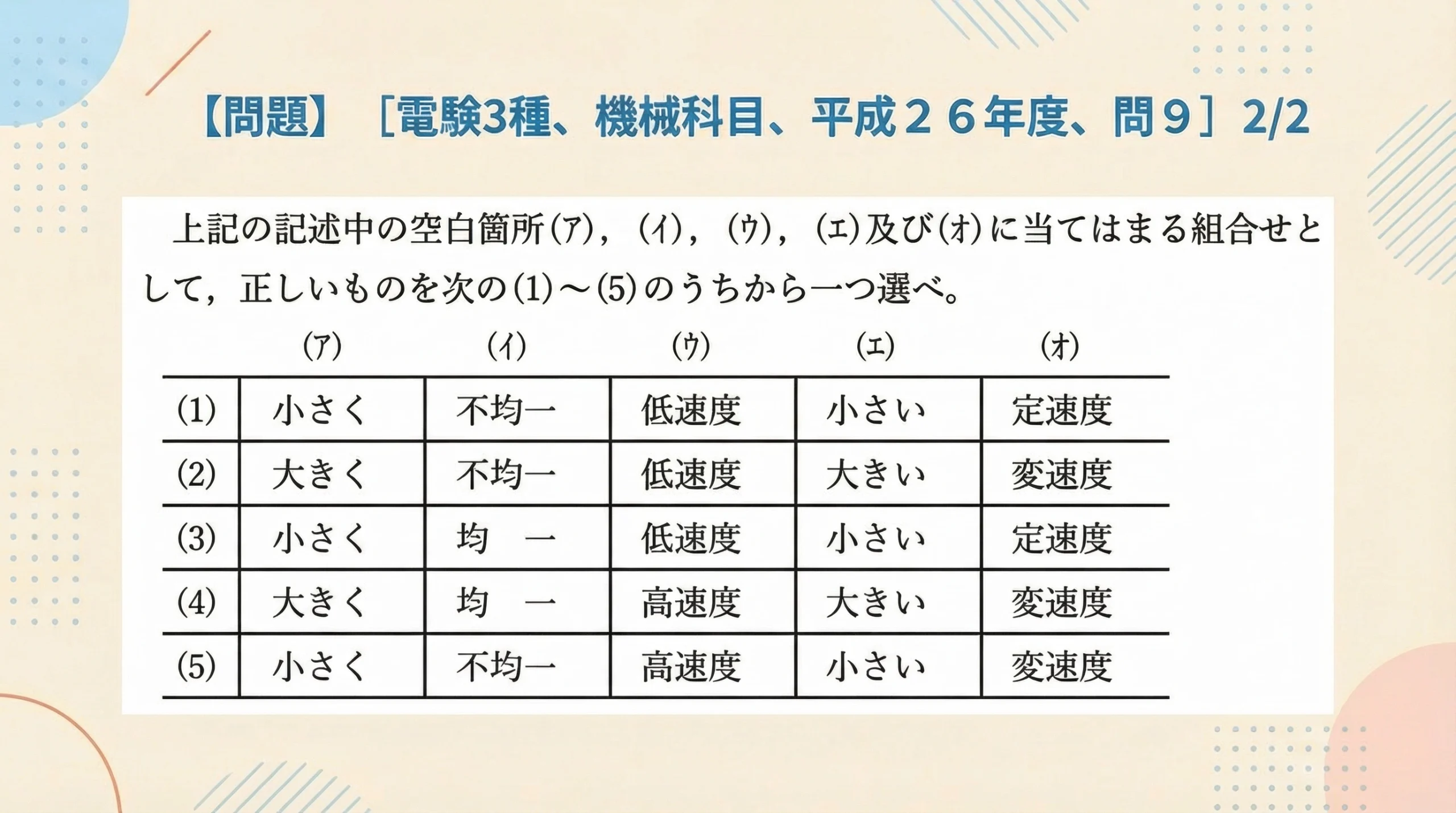 電験3種 機械科目 平成26年度 問9 問題文2/2（選択肢）