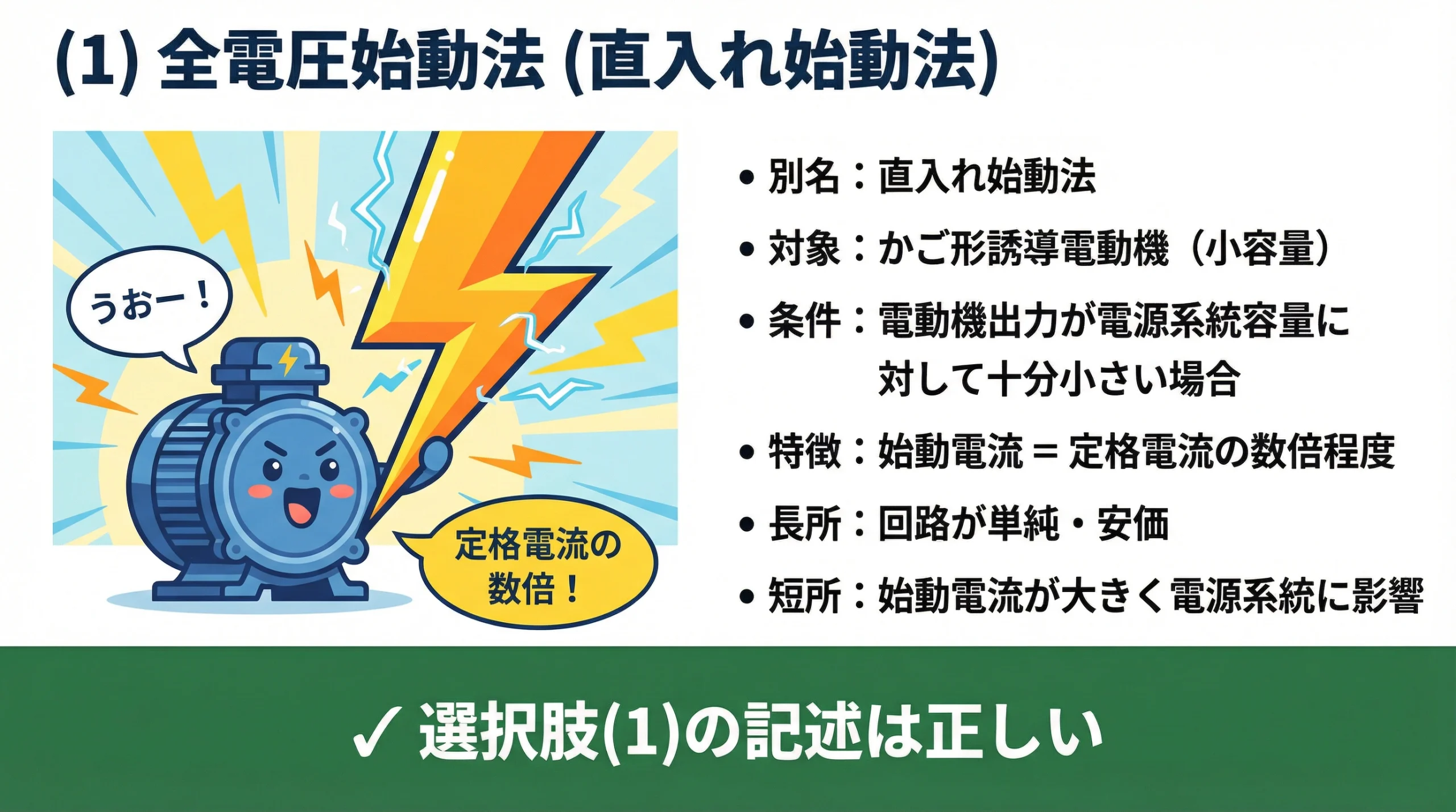 電験3種 機械科目 平成30年度 問4 全電圧始動法（直入れ始動法）の解説スライド