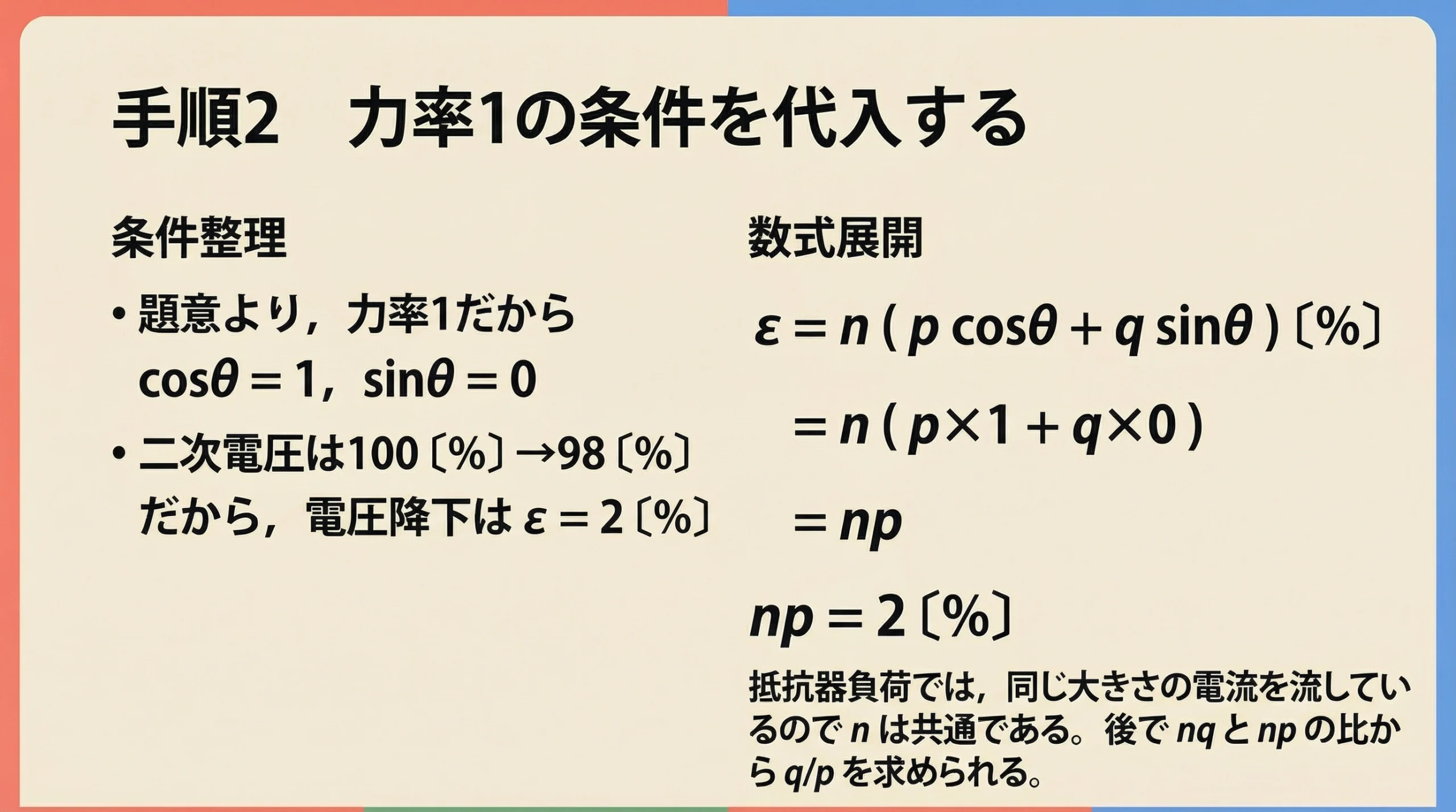力率1の条件から np=2パーセントを導く計算スライド