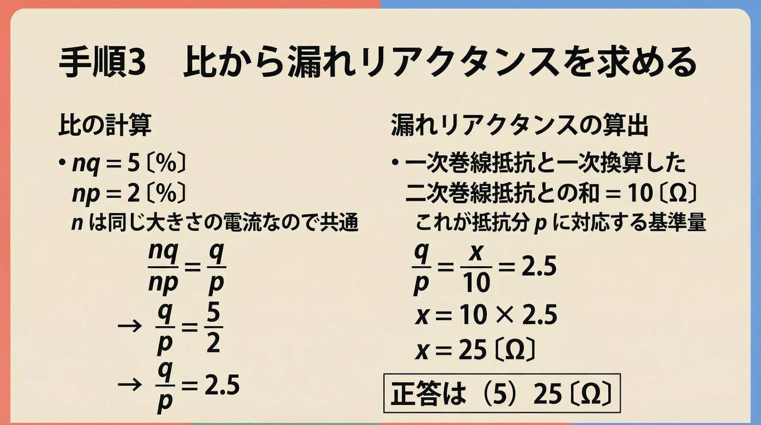 nqとnpの比から漏れリアクタンスの和25オームを求めるスライド