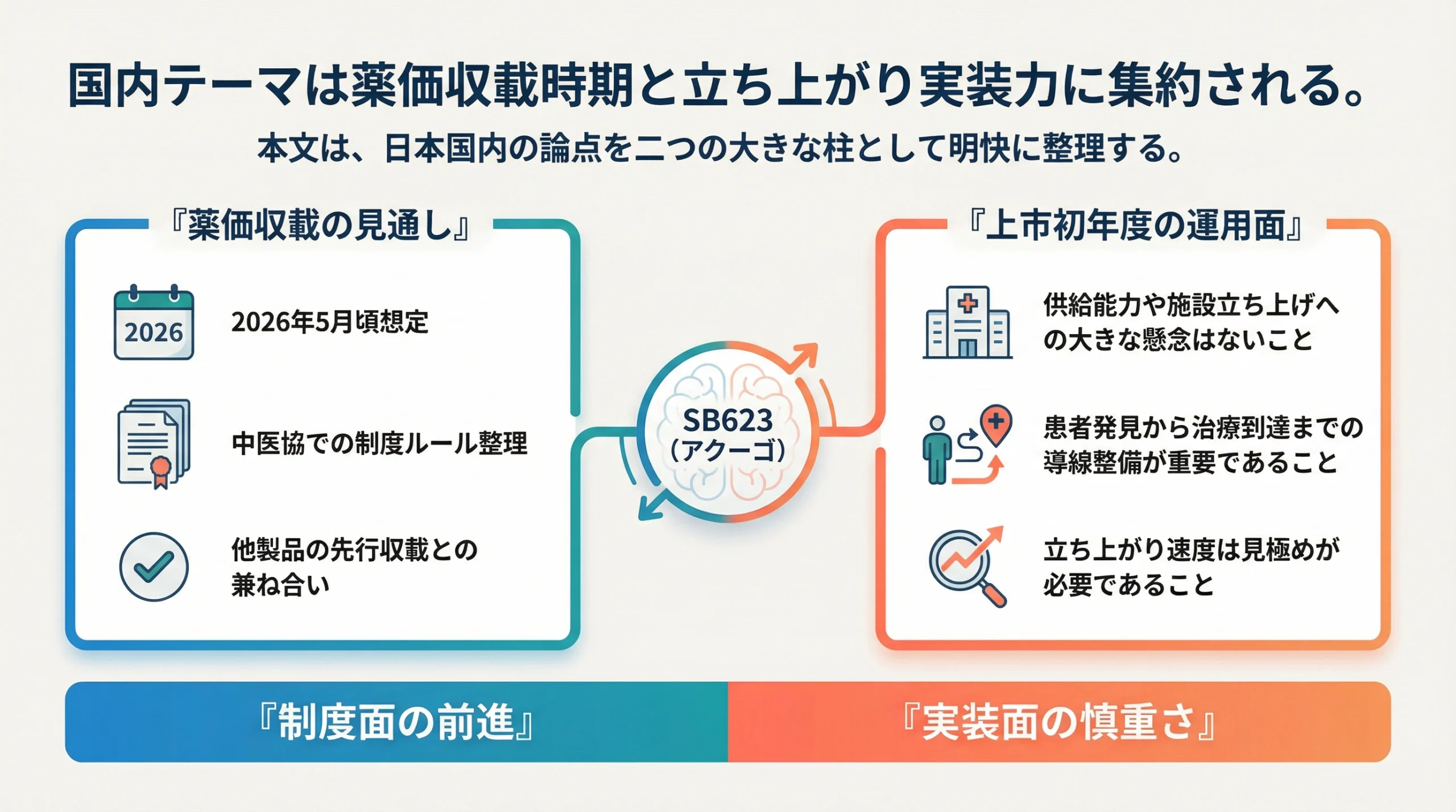 SB623の国内論点として薬価収載時期と上市初年度の立ち上がり実装力を整理したスライド
