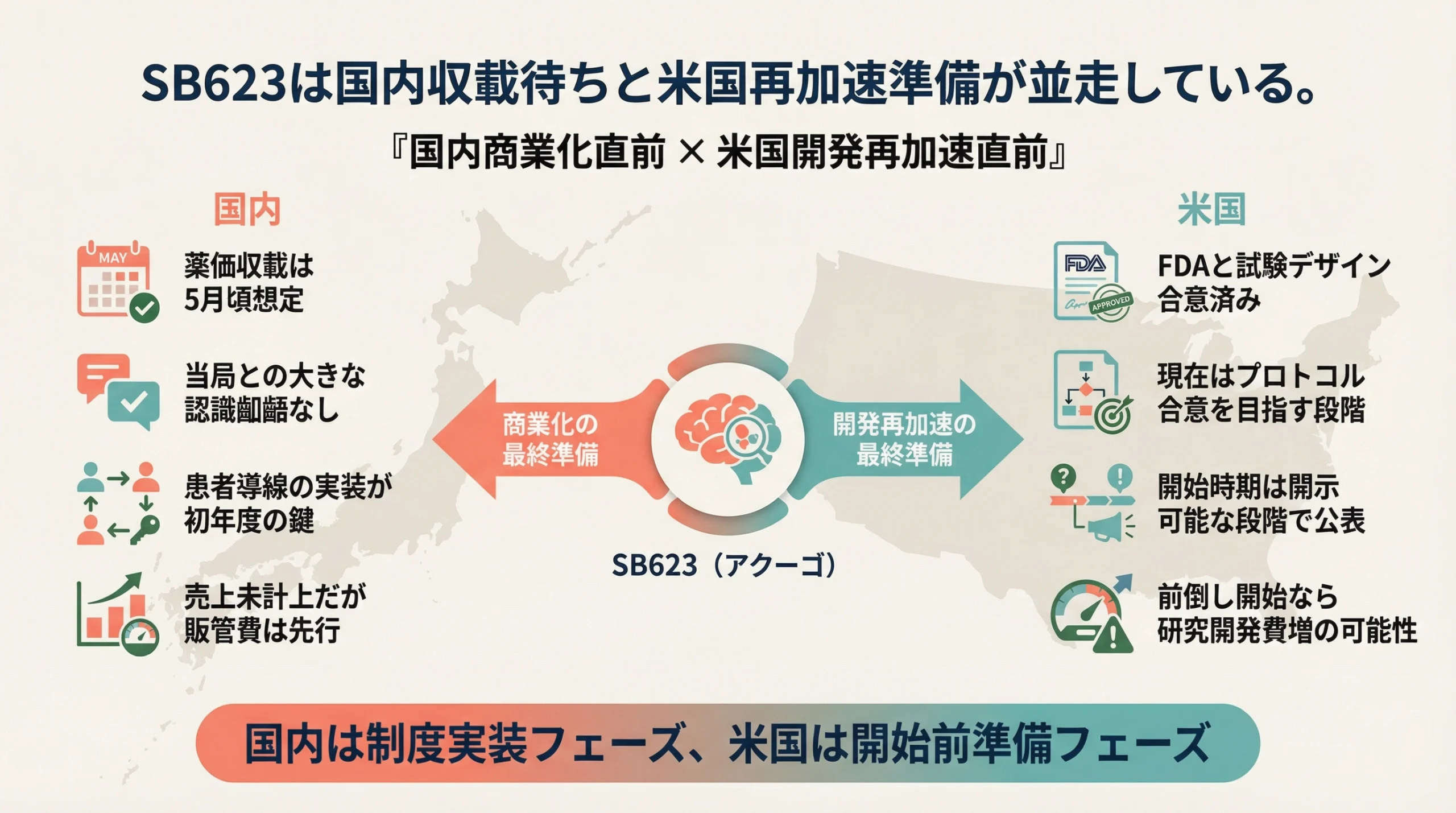 SB623が国内収載待ちと米国再加速準備を並走させている現在地を整理したスライド