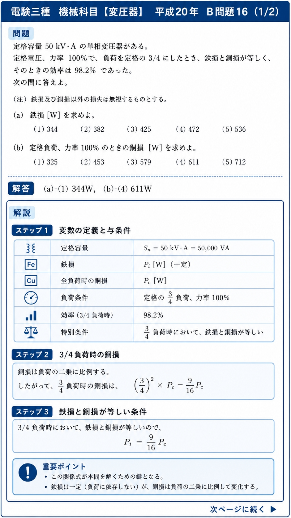 変数の定義と与条件、3/4負荷時の銅損、鉄損と銅損が等しい条件の解説(1/2)