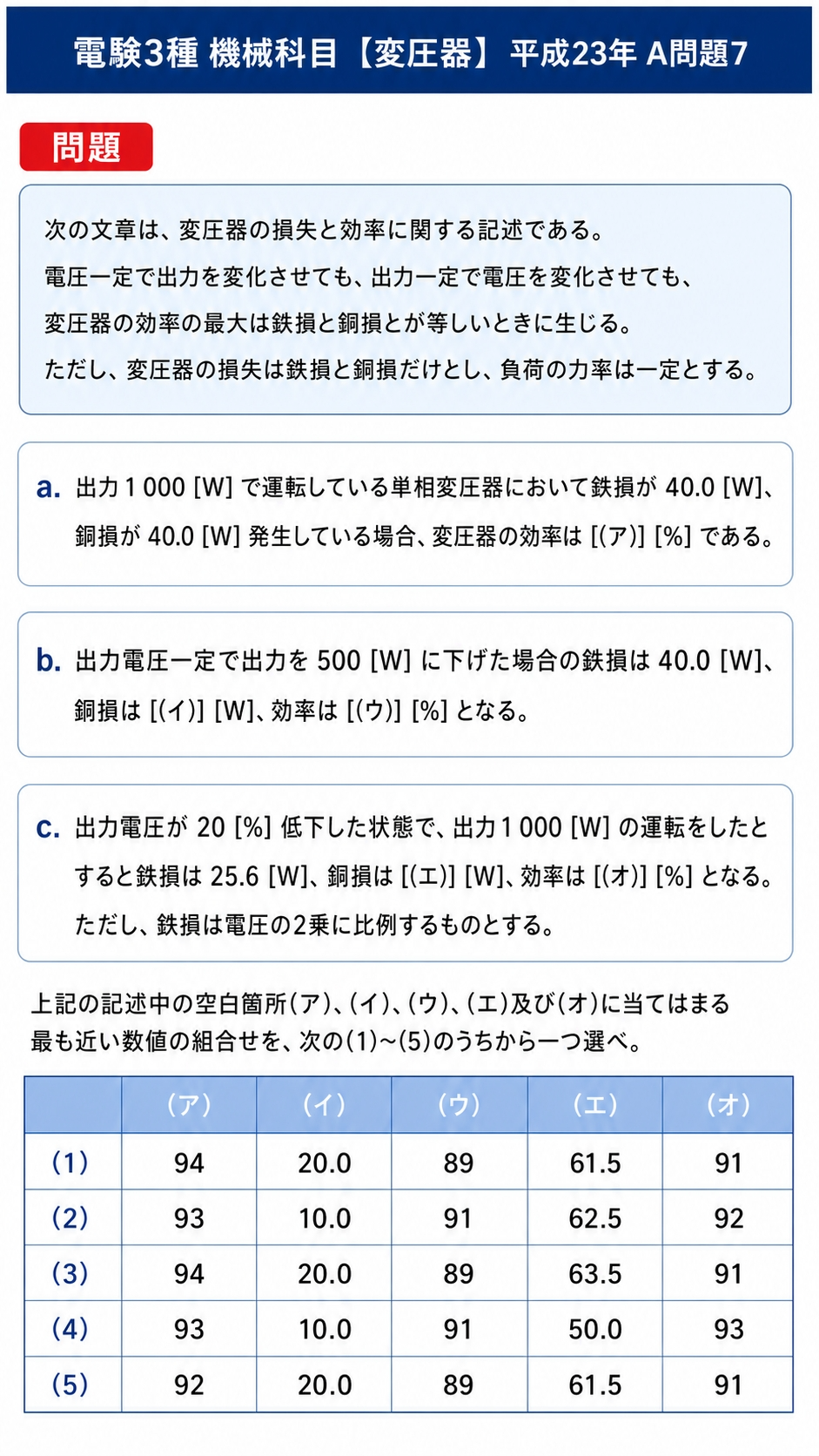 変圧器の効率の基本公式と(ア)の解答解説