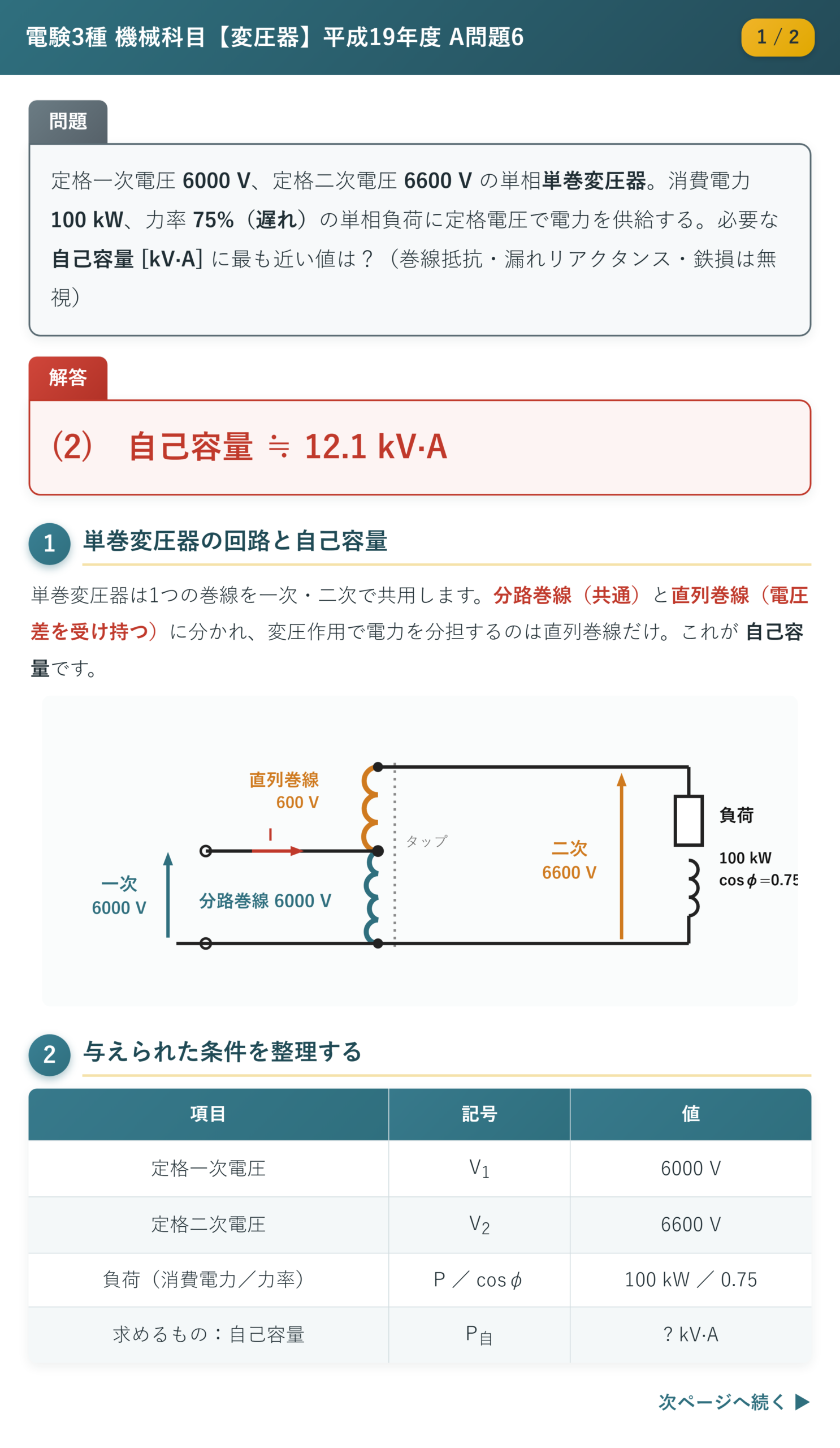 平成19年度 A問題6 解説1/2 単巻変圧器の回路と自己容量