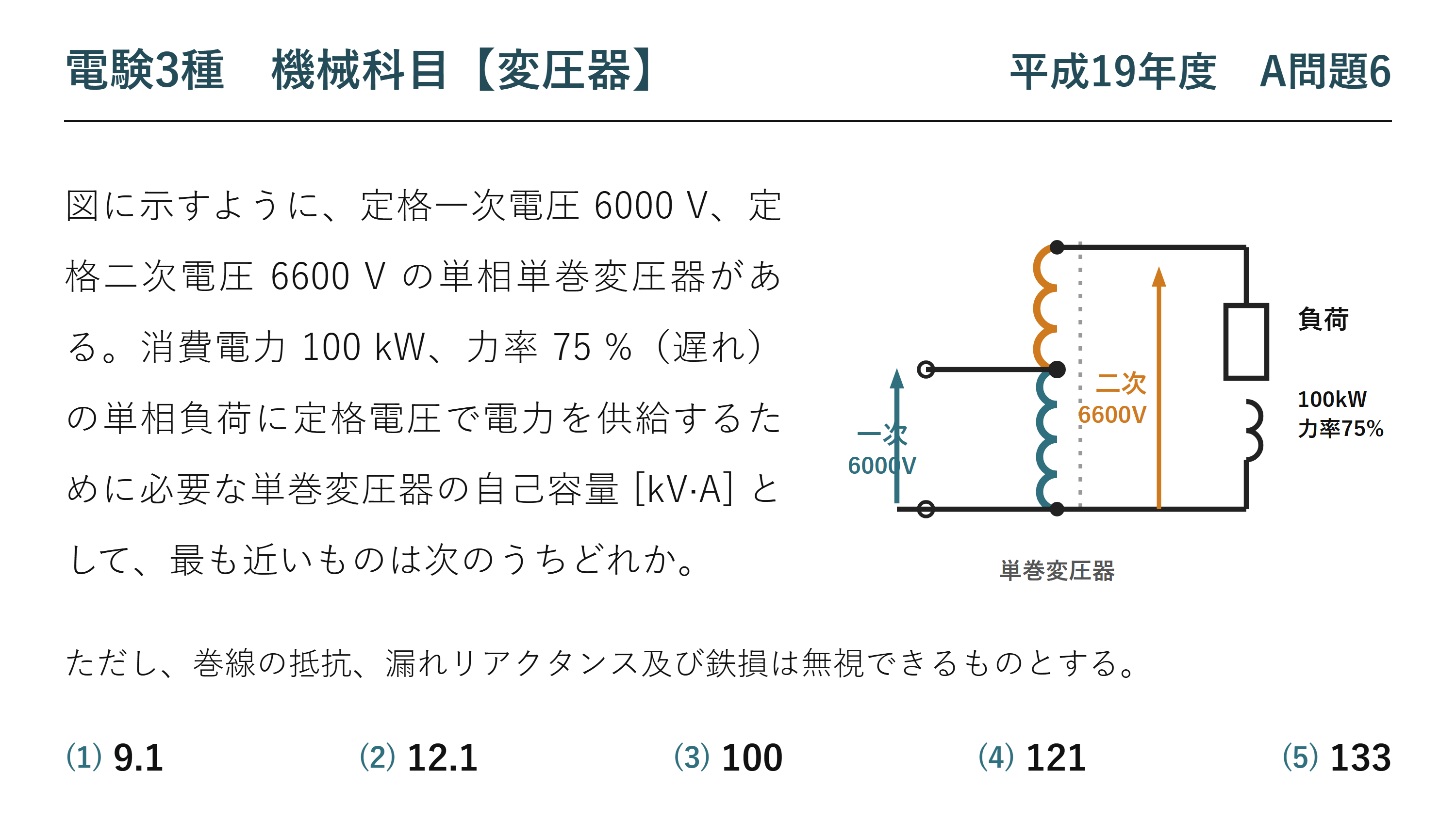 電験3種 機械科目 平成19年度 A問題6 問題文（単巻変圧器の自己容量）