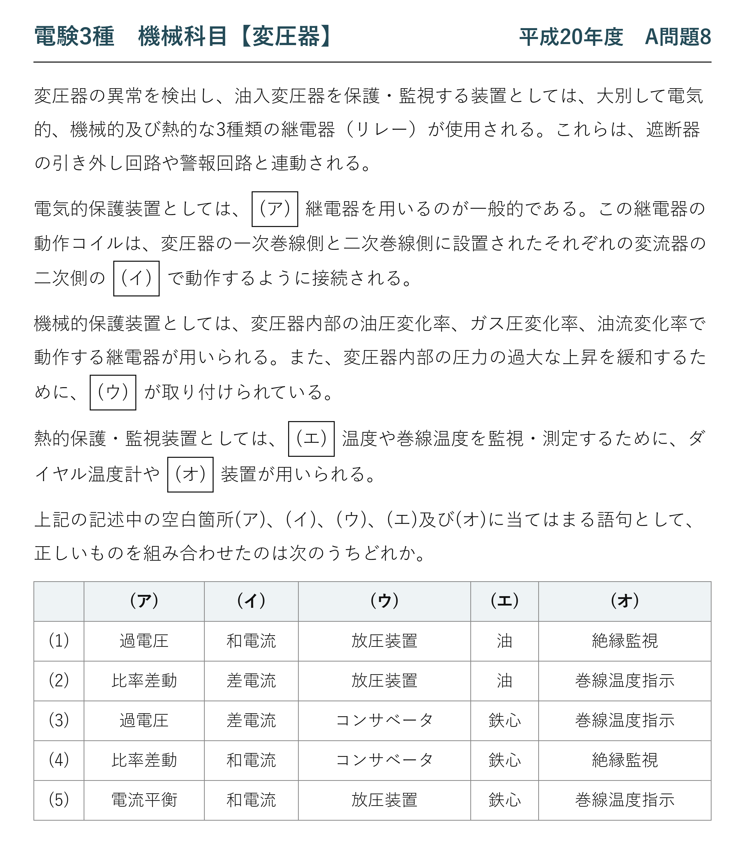 電験3種 機械科目 平成20年度 A問題8 問題文（変圧器の保護継電器の穴埋め）