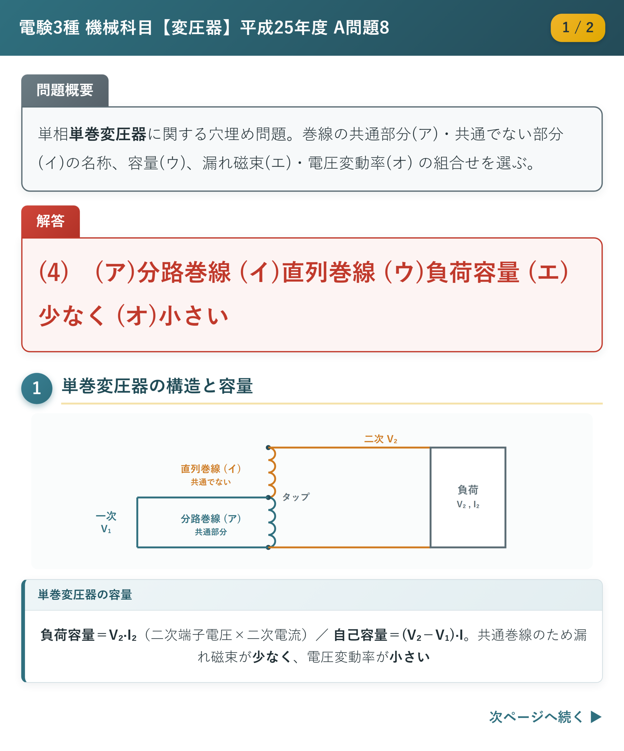平成25年度 A問題8 解説1/2 単巻変圧器の構造と容量