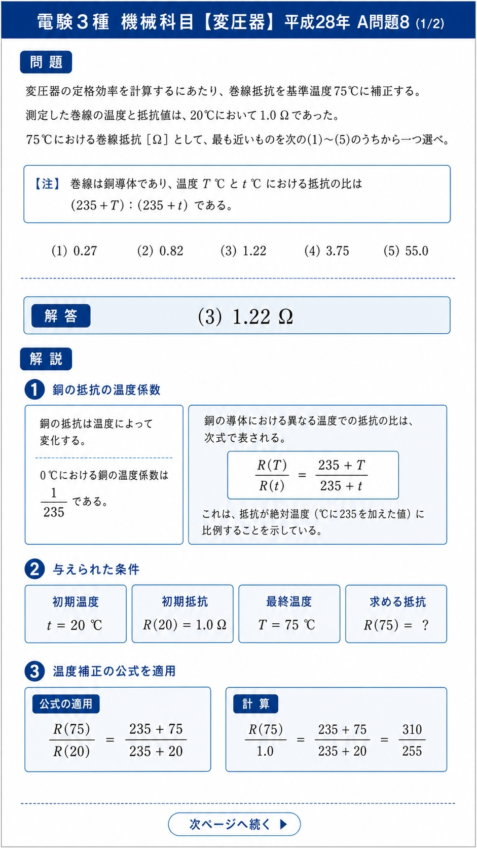 電験3種 機械科目 平成28年 A問題8 解説スライド1/2(銅の抵抗の温度係数と公式の適用)