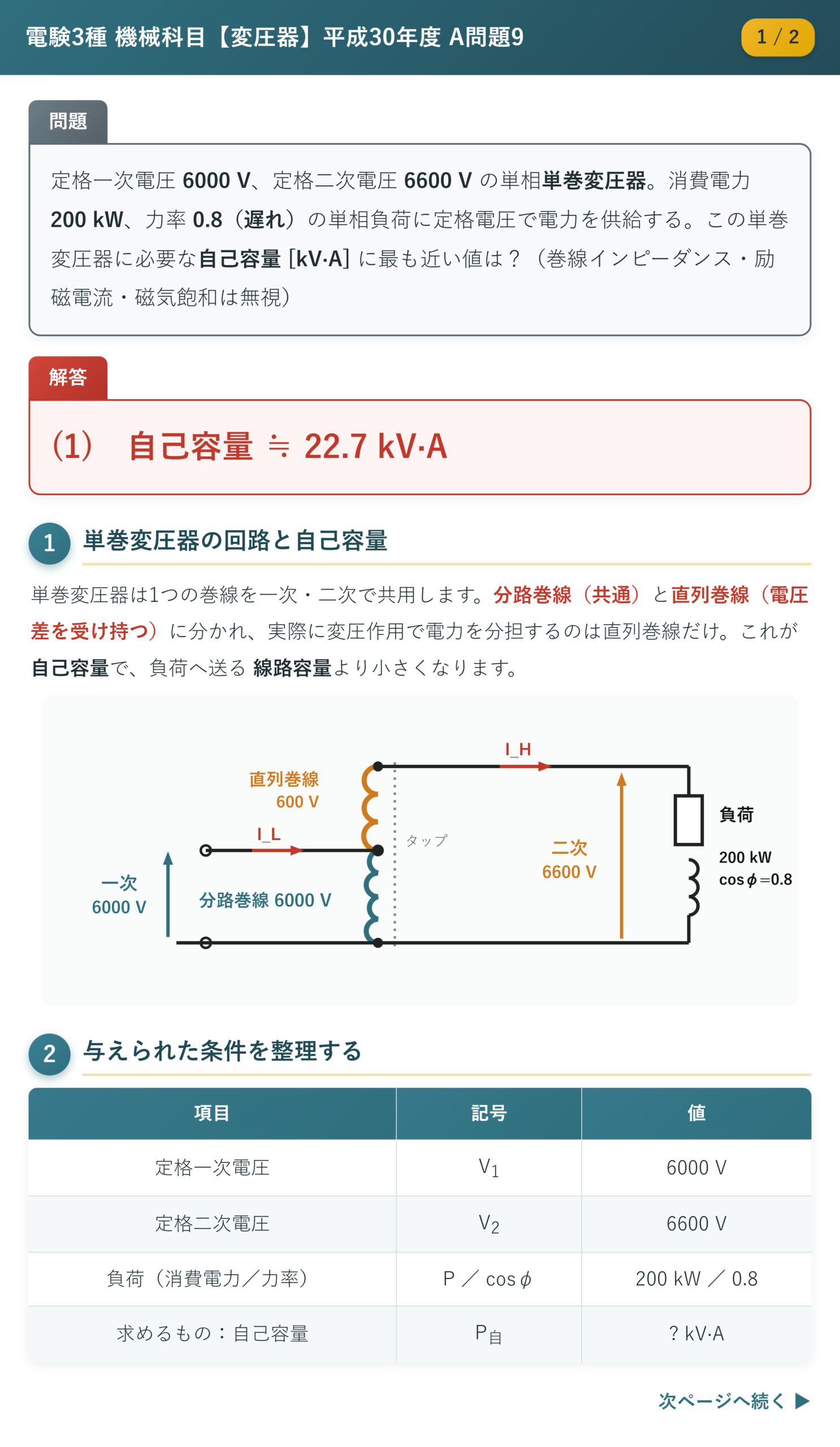 平成30年度 A問題9 解説1/2 単巻変圧器の自己容量と線路容量