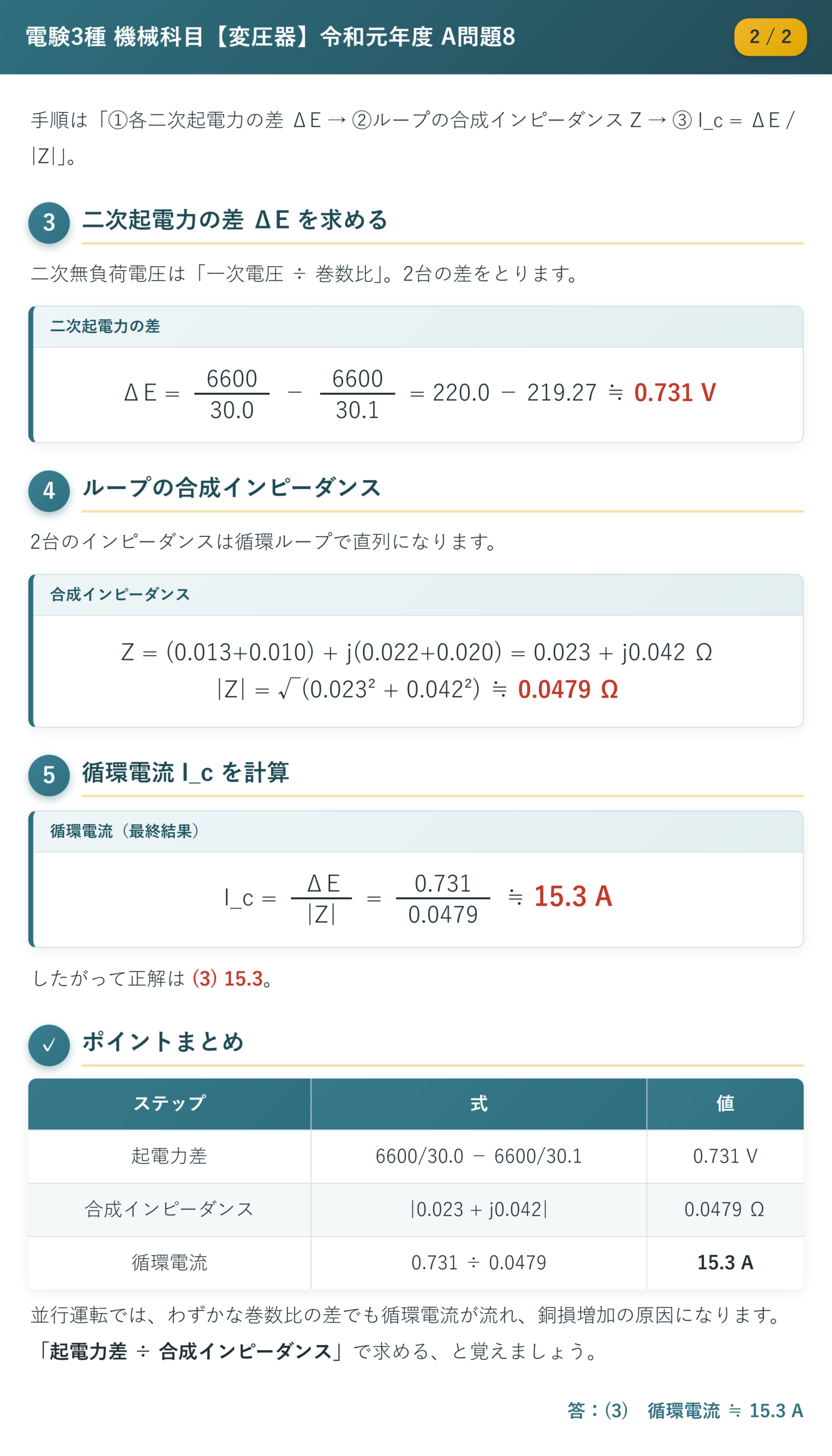 令和元年度 A問題8 解説2/2 起電力差・合成インピーダンス・循環電流の計算