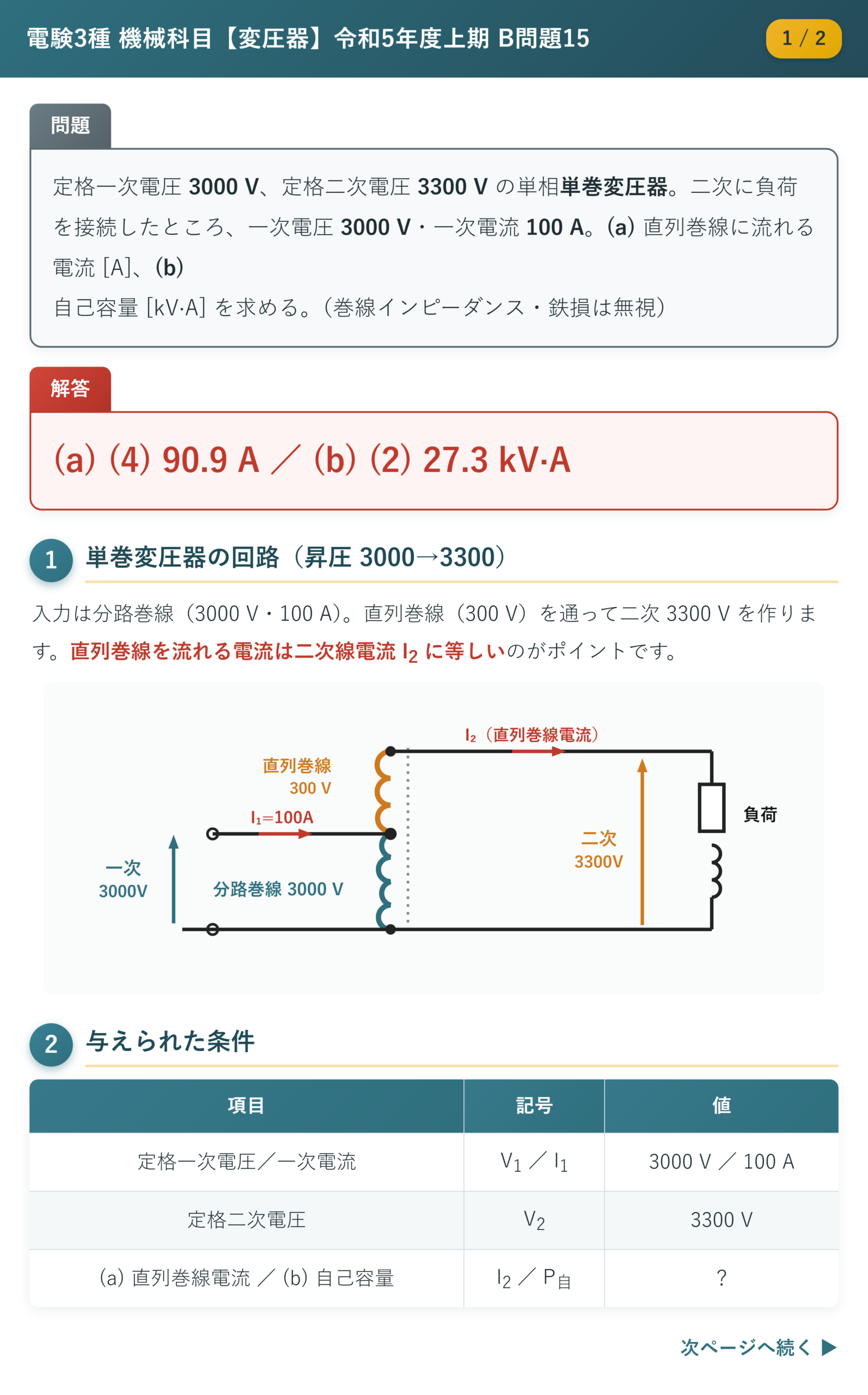 令和5年度上期 B問題15 解説1/2 単巻変圧器の回路と直列巻線電流