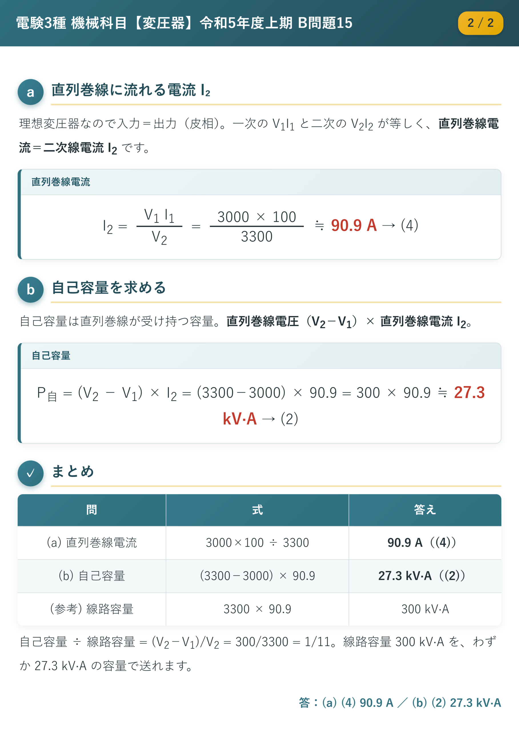 令和5年度上期 B問題15 解説2/2 直列巻線電流と自己容量の計算