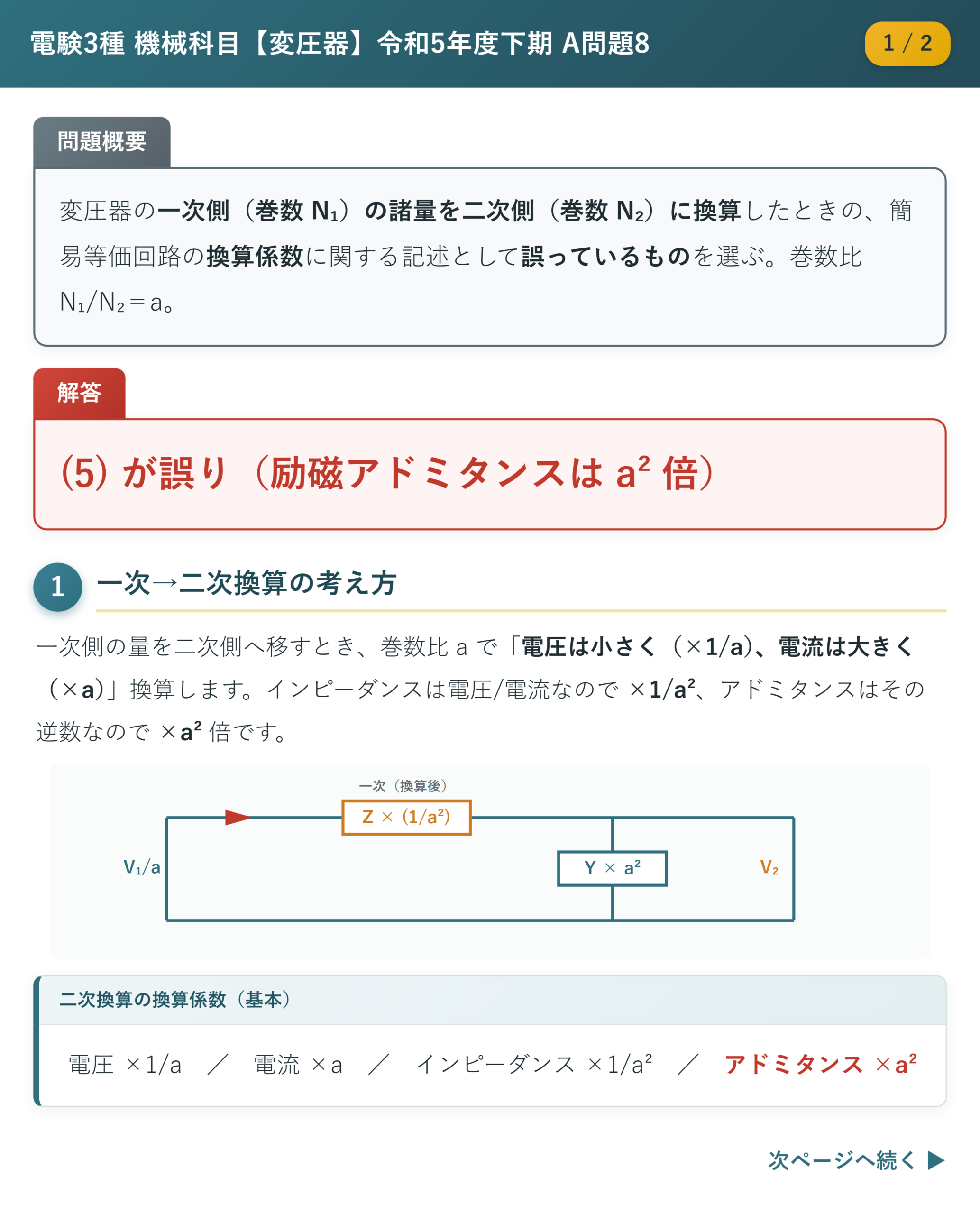 令和5年度下期 A問題8 解説1/2 一次→二次換算の等価回路と換算係数