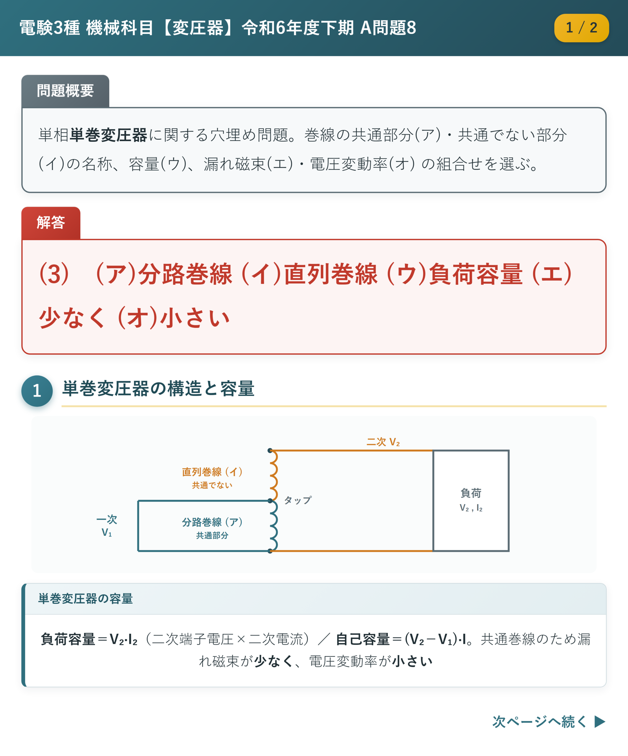 令和6年度下期 A問題8 解説1/2 単巻変圧器の構造と容量