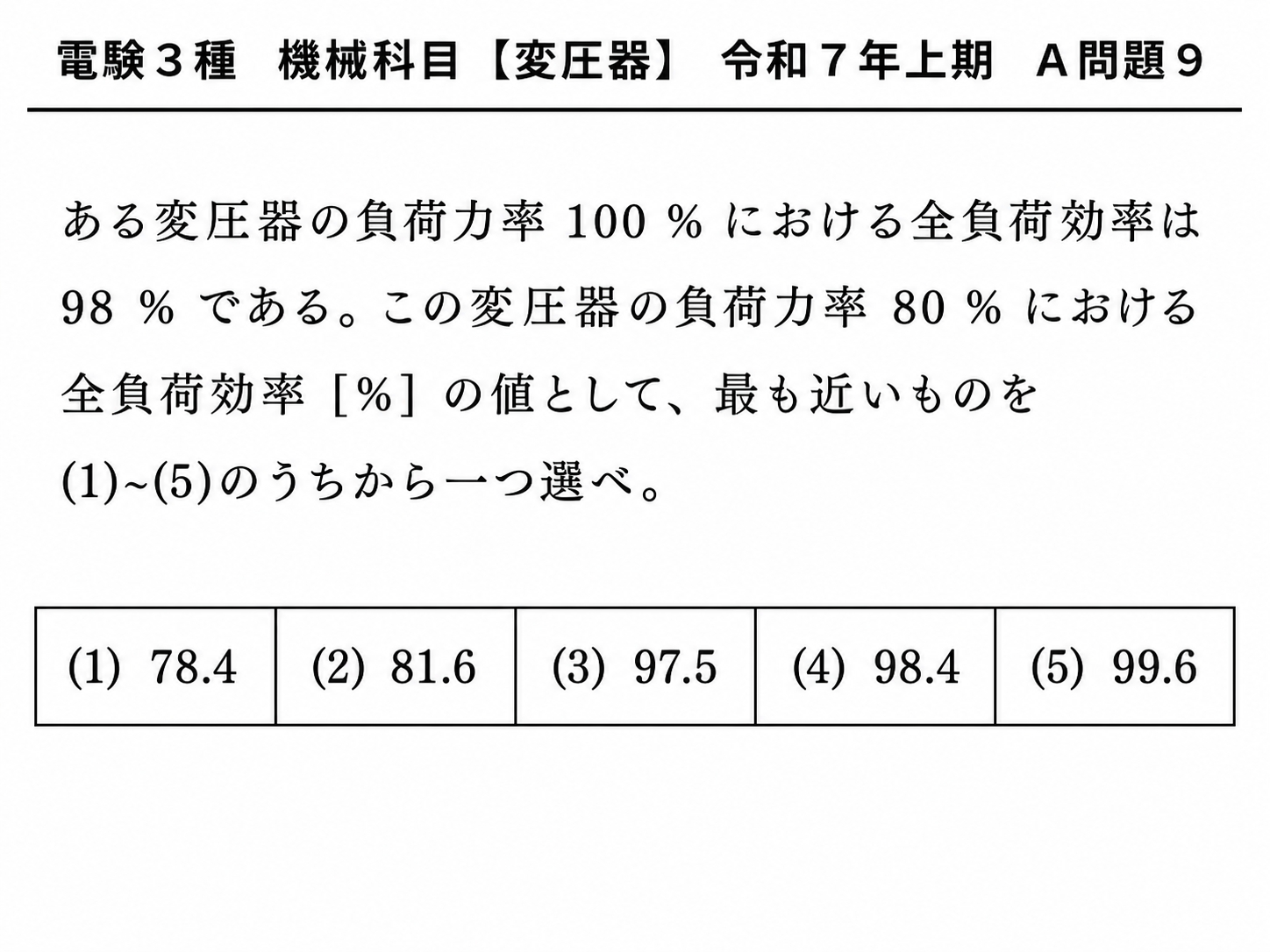 令和7年上期 電験3種 機械科目 A問題9の問題文画像