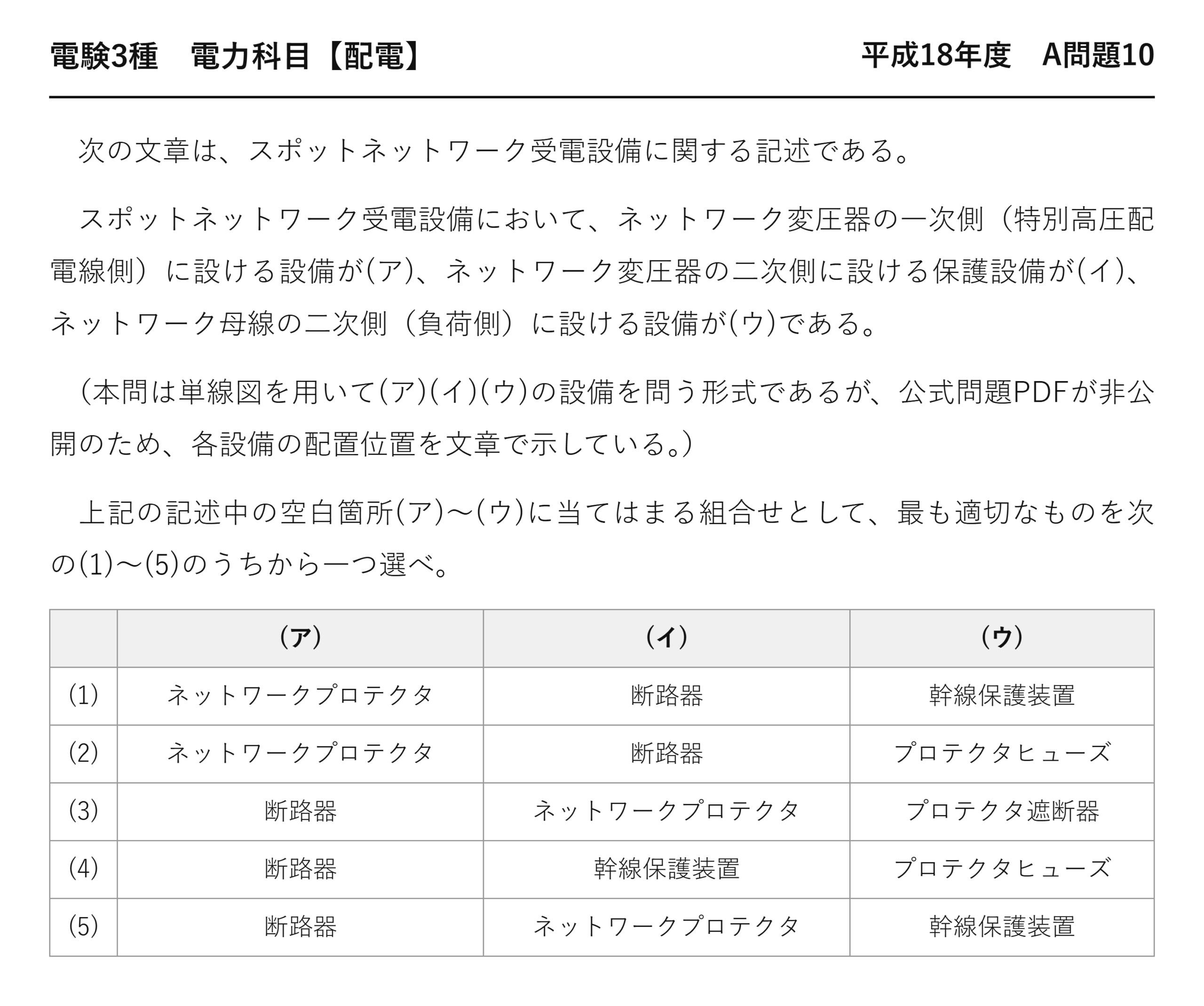 電験3種 電力科目 配電 平成18年度 A問題10 問題文