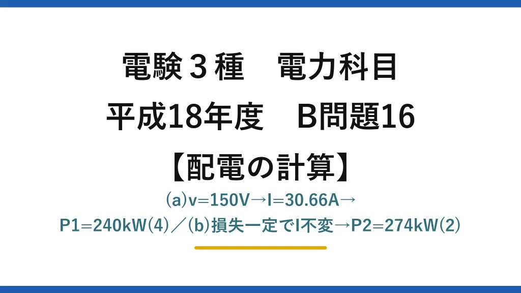 電験3種 電力科目【配電の計算】平成18年度 B問題16 (a)v=150V→I=30.66A→P1=240kW(4)／(b)損失一定でI不変→P2=274kW(2)