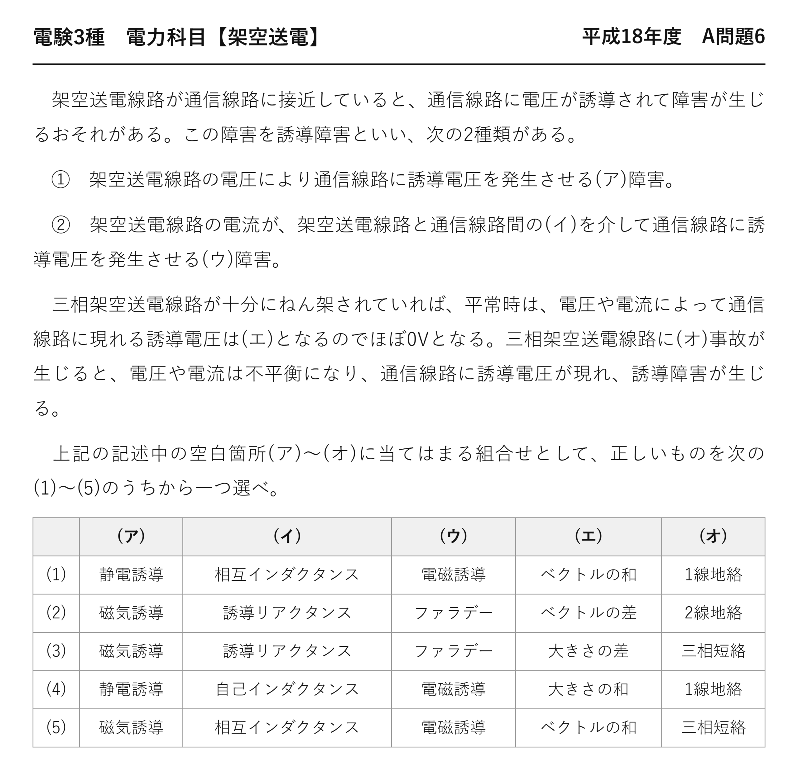 電験3種 電力科目 架空送電 平成18年度 A問題6 問題文