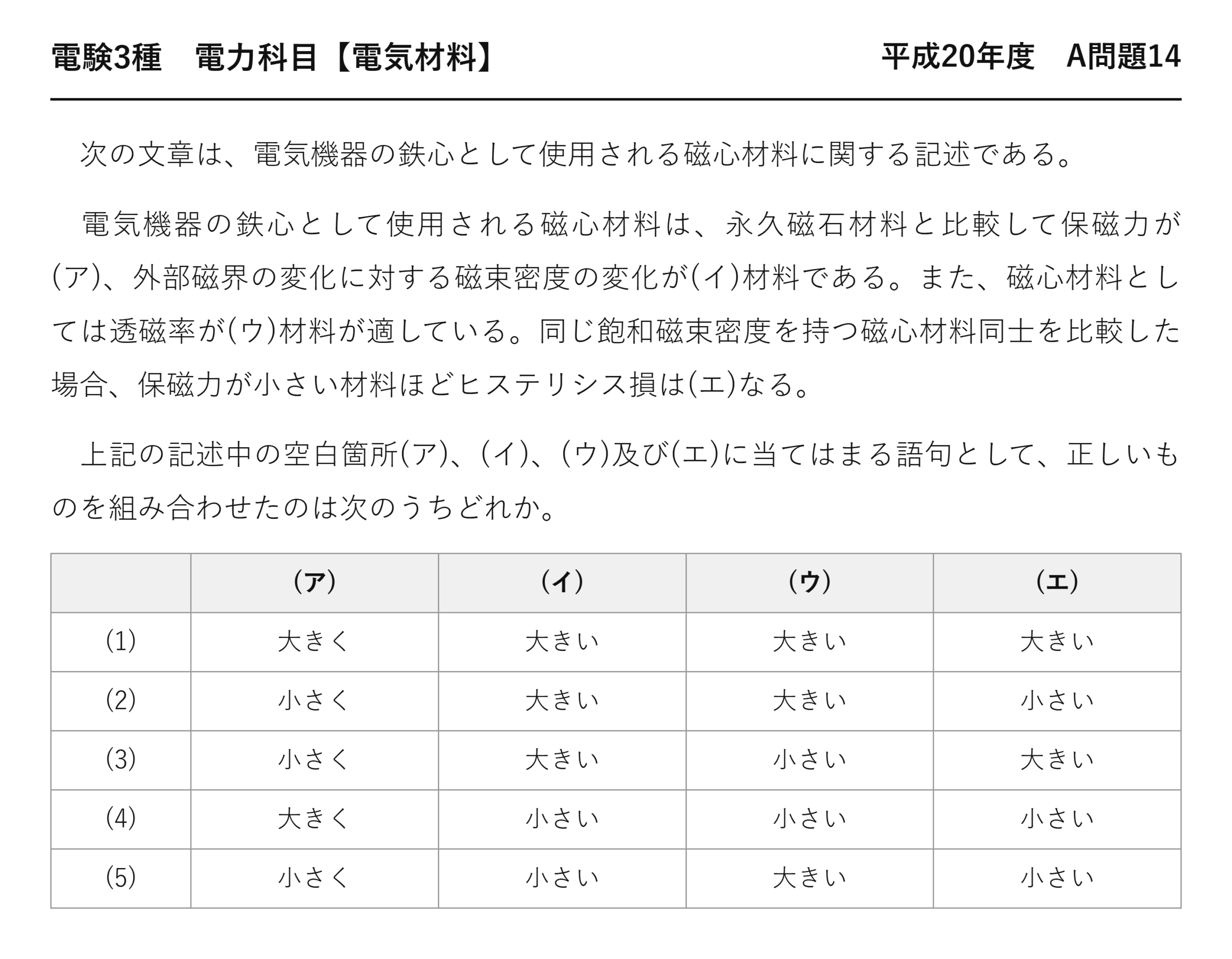 電験3種 電力科目 配電 平成20年度 A問題14 問題文