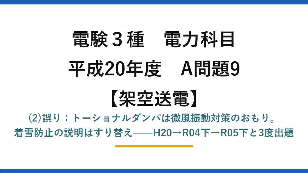 電験3種 電力科目【架空送電】平成20年度 A問題9 (2)誤り：トーショナルダンパは微風振動対策のおもり。着雪防止の説明はすり替え——H20→R04下→R05下と3度出題