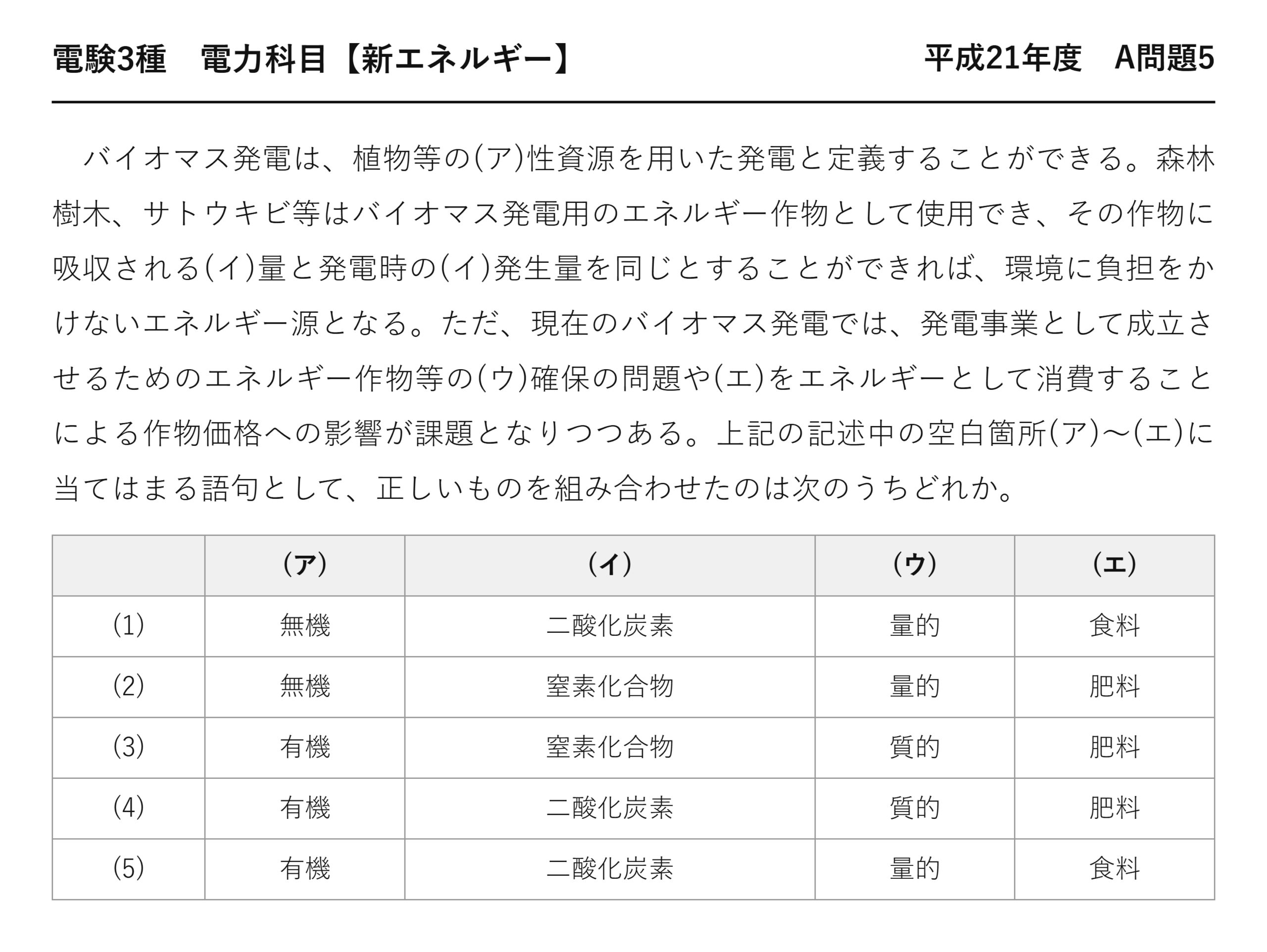 電験3種 電力科目 新エネルギー 平成21年度 A問題5 問題文