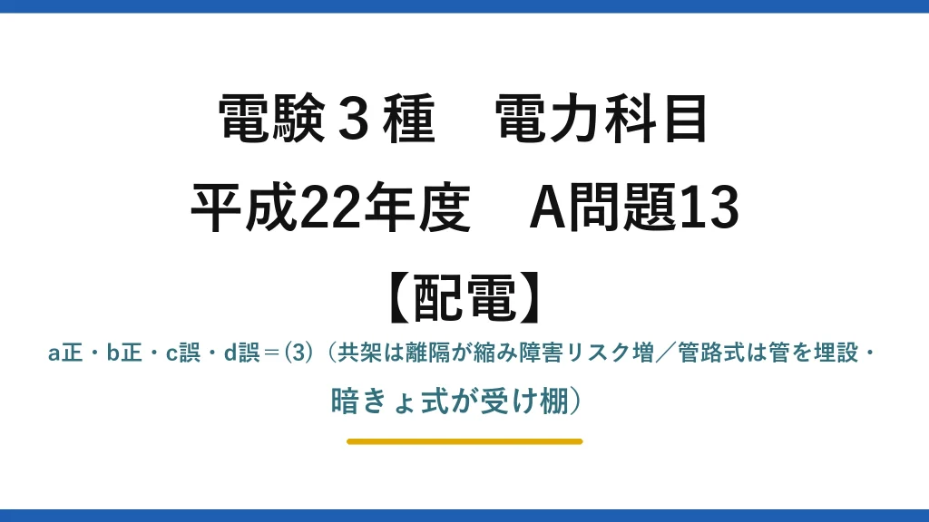 電験3種 電力科目【配電】平成22年度 A問題13 a正・b正・c誤・d誤＝(3)（共架は離隔が縮み障害リスク増／管路式は管を埋設・暗きょ式が受け棚）