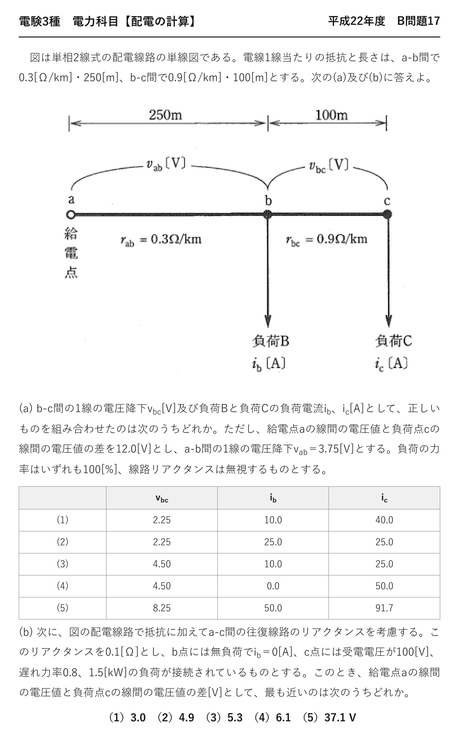 電験3種 電力科目 配電 平成22年度 B問題17 問題文